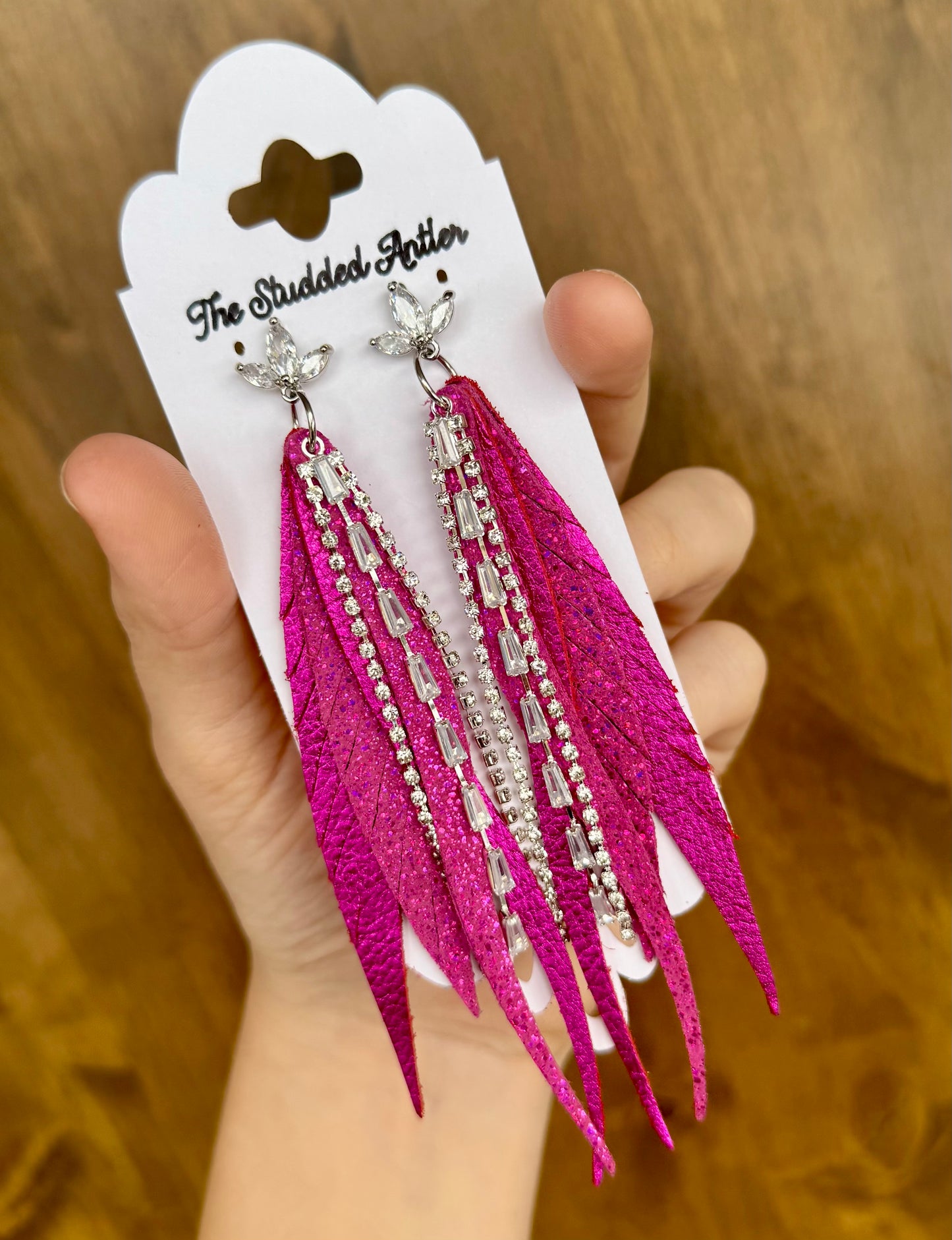 Western Style Leather Earrings - Fringe Feather Leather Earrings - Hot Pink Metallic