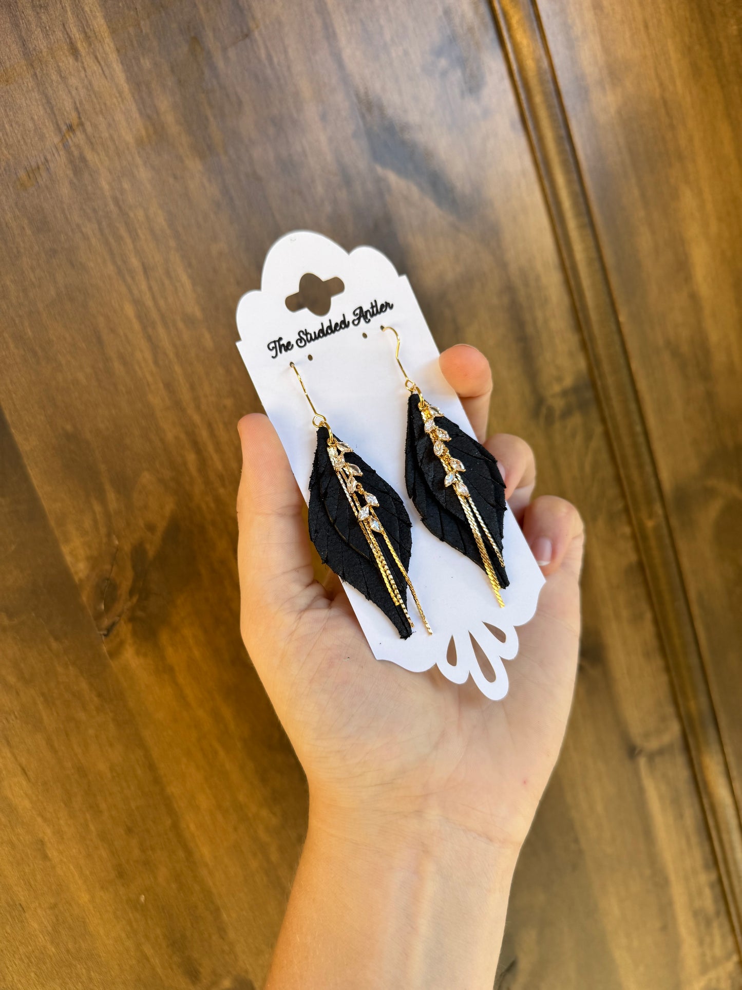 Black leather earrings with gold rhinestone and chain - Handmade Hypoallergenic Leather Earrings