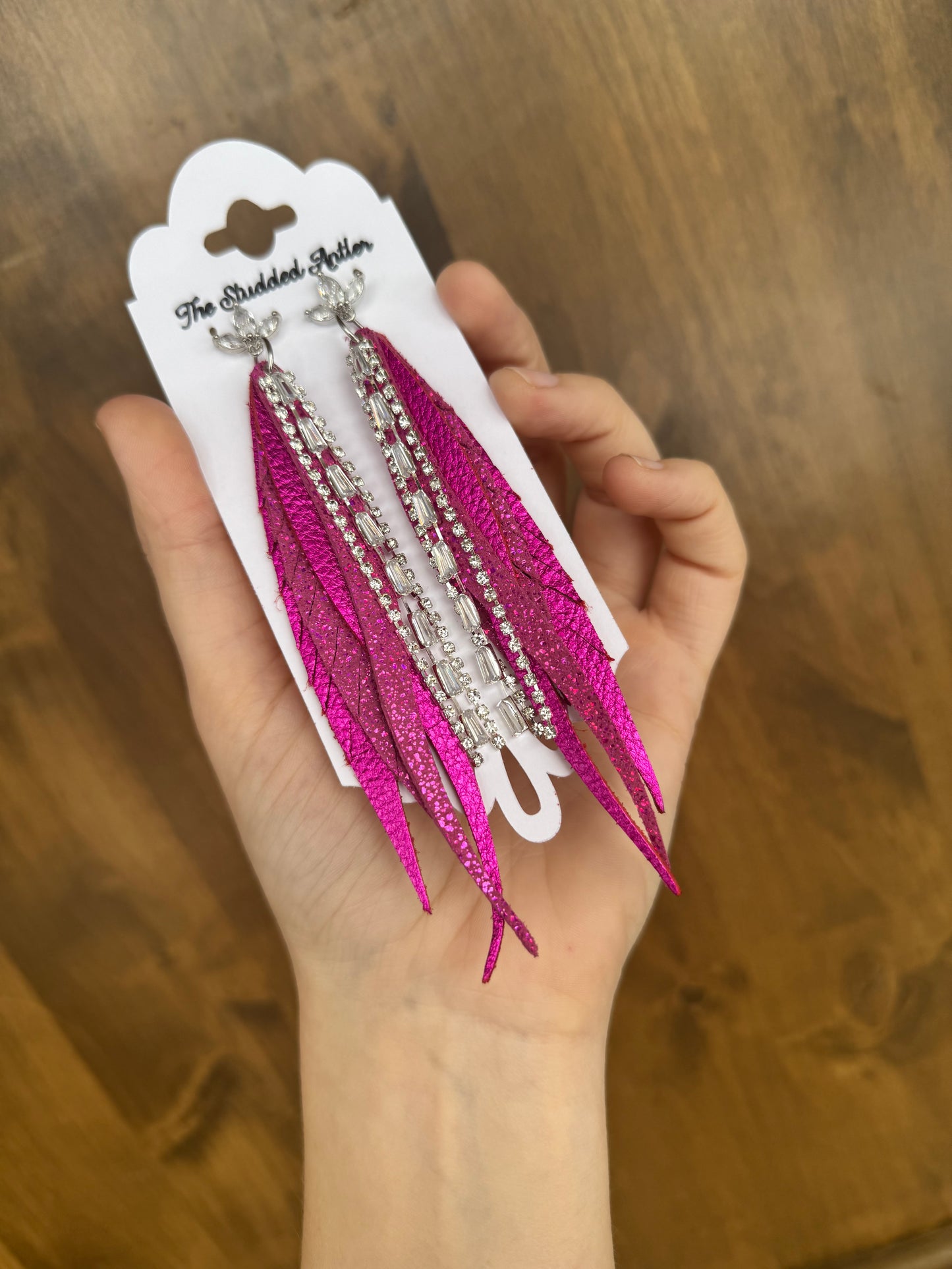 Western Style Leather Earrings - Fringe Feather Leather Earrings - Hot Pink Metallic