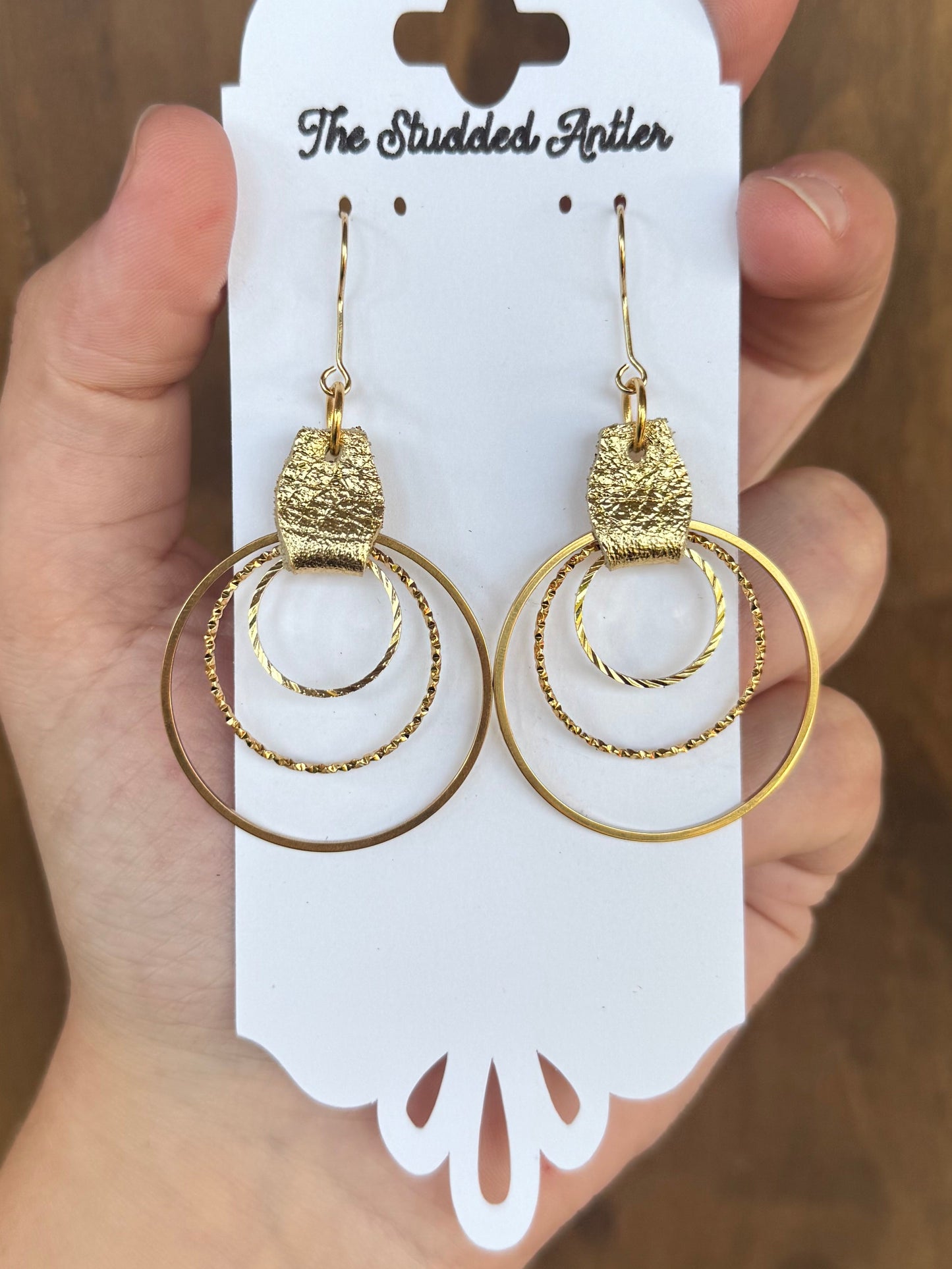 Hypoallergenic Leather Earrings Gold Metallic with 3 Gold Metal Hoops