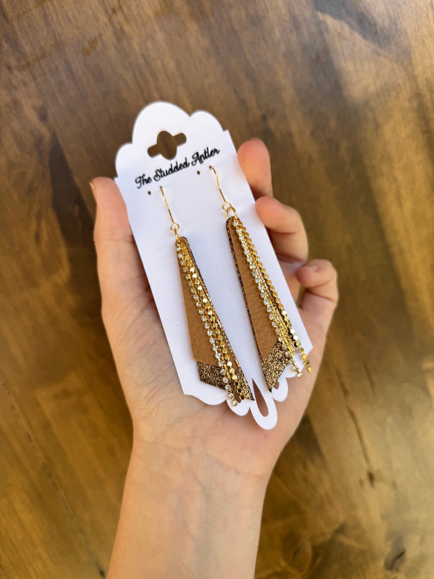 Fringe feather Leather Earrings - Western Boho Style Leather Earrings - Bronze and gold
