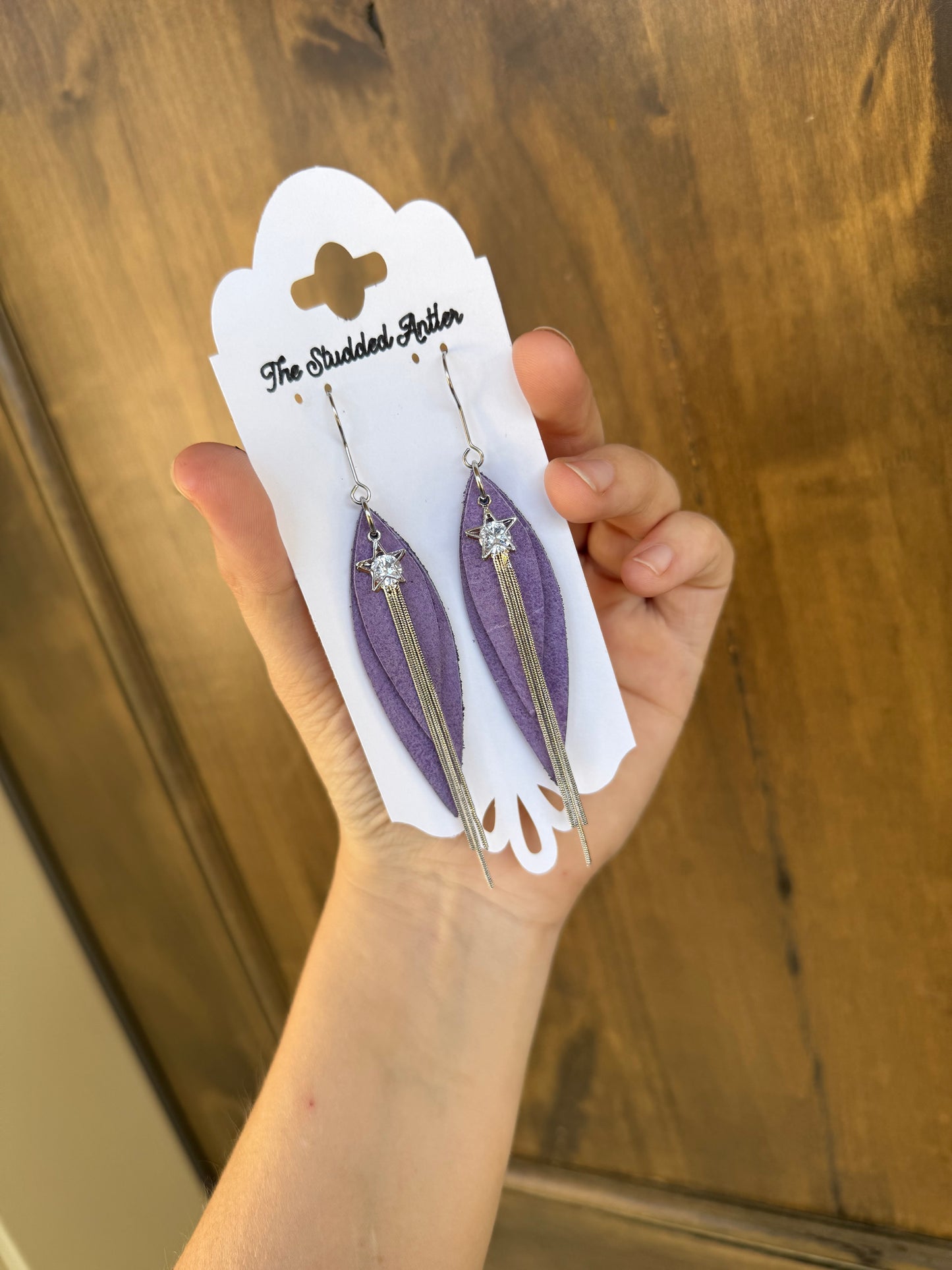 Purple Leather star Earrings - Western Boho Style Leather Earrings - Silver and purple earrings