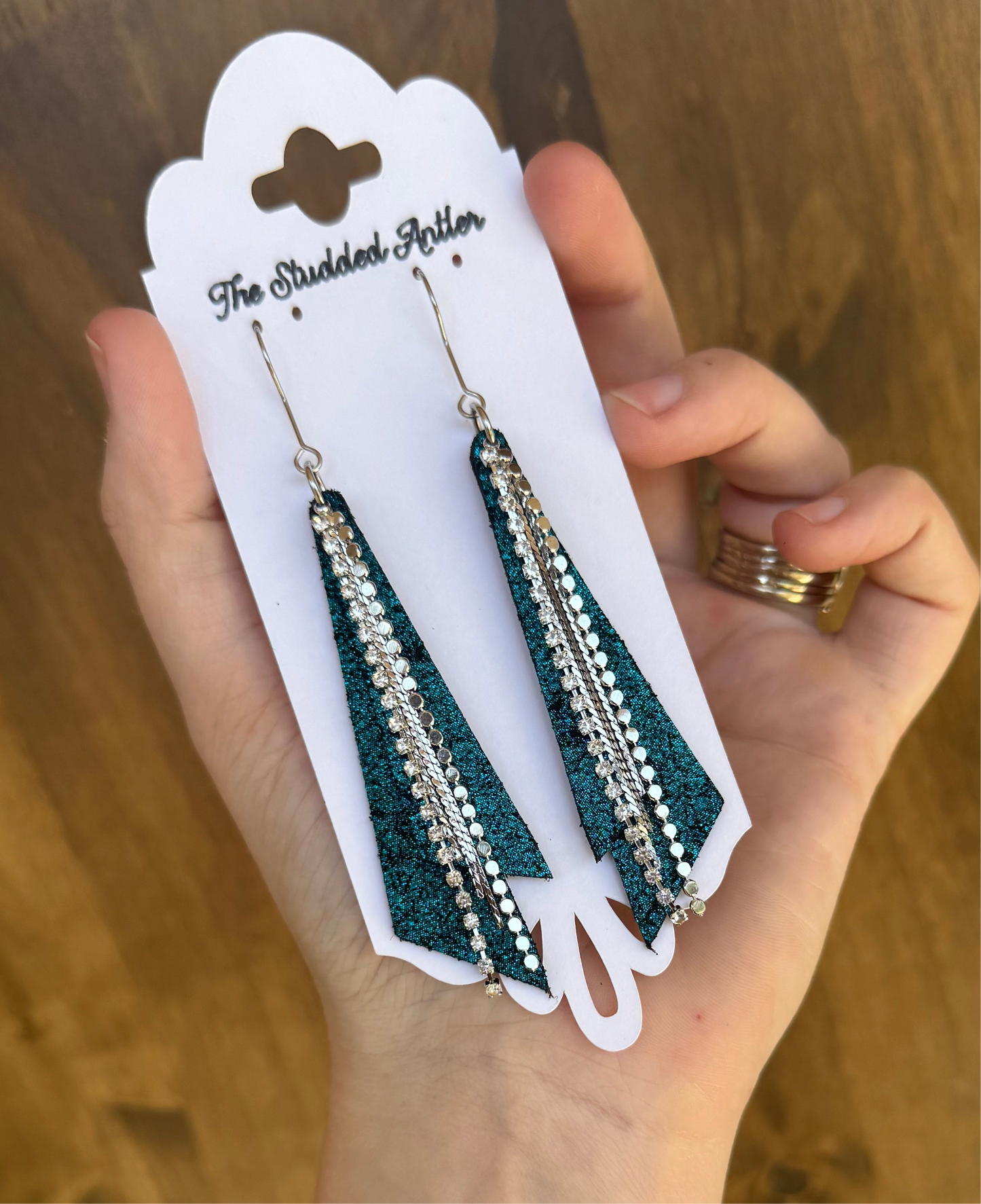 Fringe feather Leather Earrings - Western Boho Style Leather Earrings - Dark teal blue and Silver