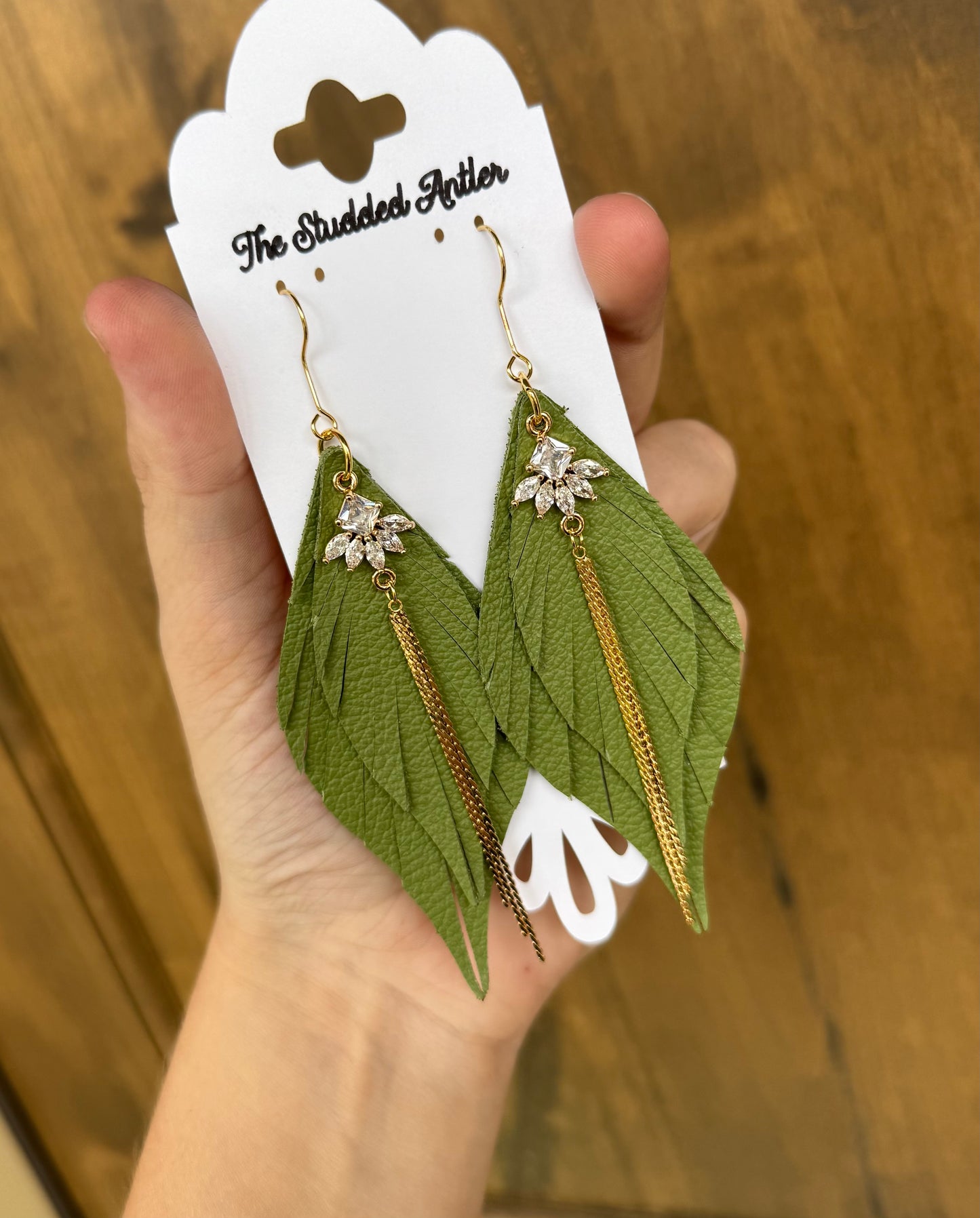 Light olive green leather earrings - Handmade Hypoallergenic Leather Earrings with gold rhinestone tassels