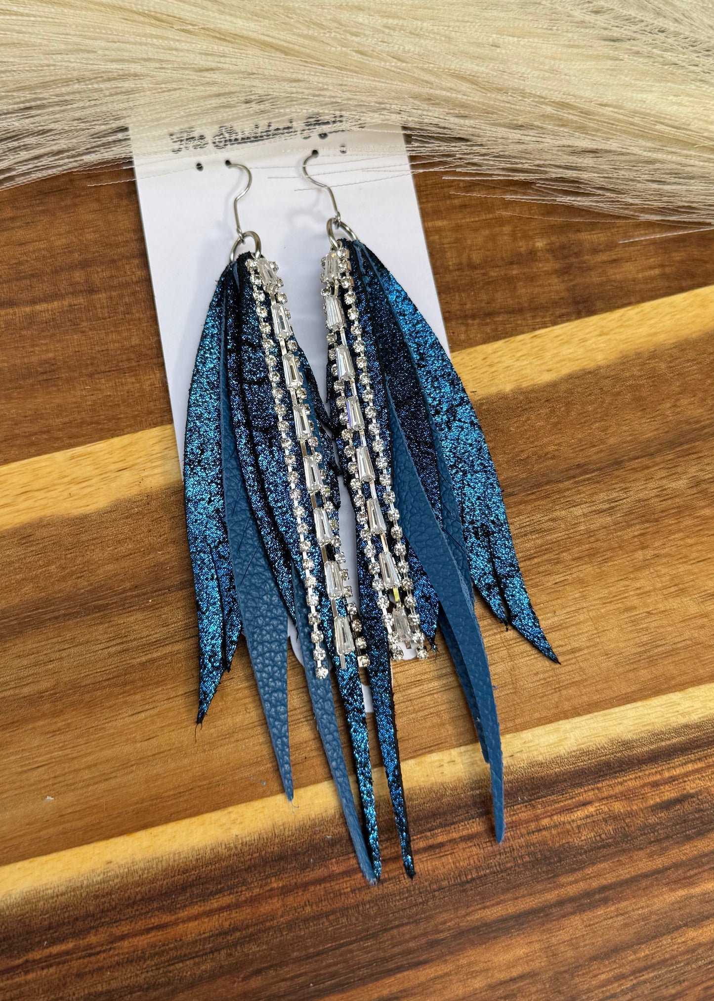 Navy blue shimmer Handmade Hypoallergenic Leather feather Earrings with rhinestone tassels