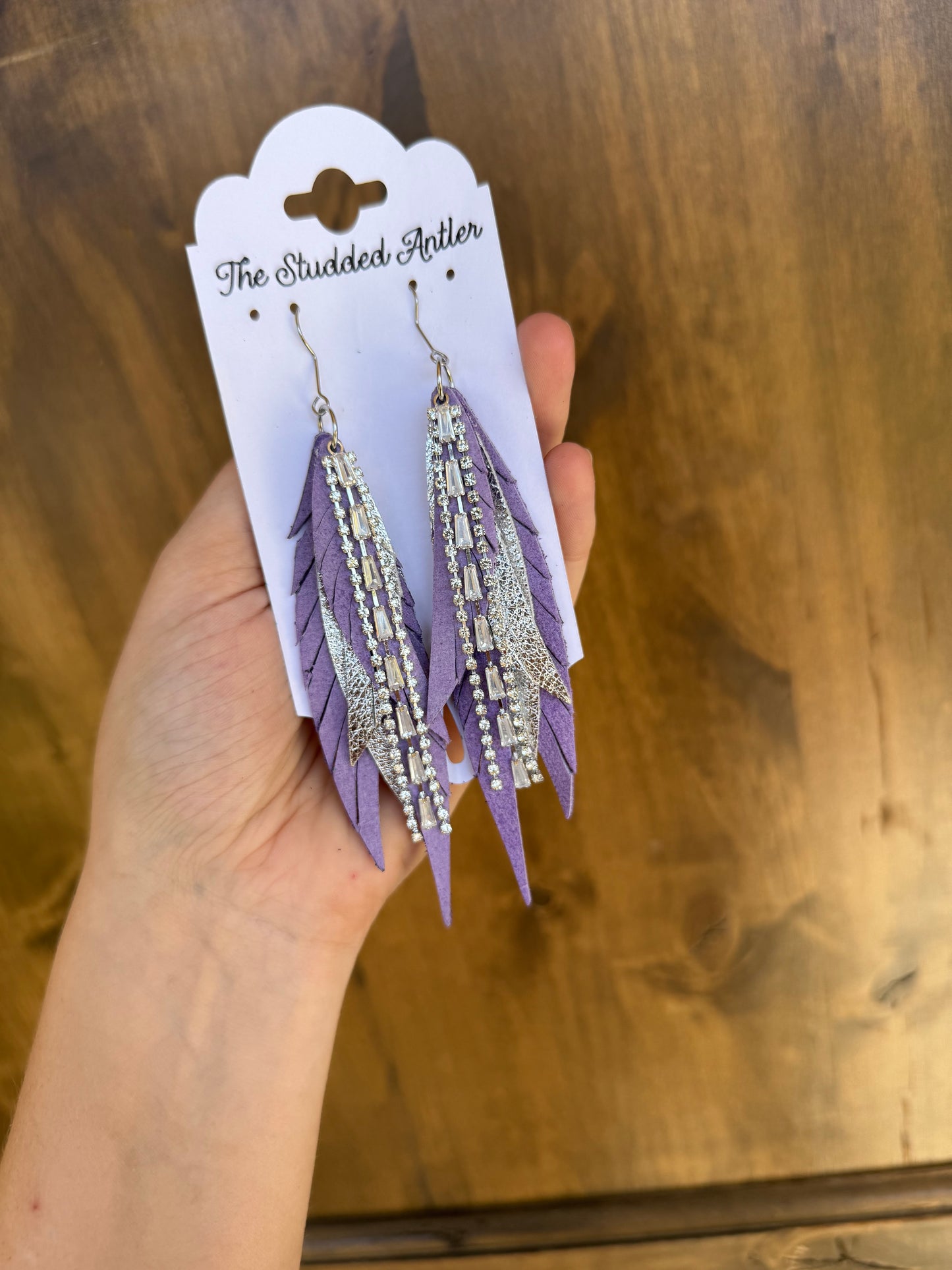 Leather Feather Earrings - Rhinestone tassel earrings - Purple and Silver Earrings - Women's Western Earrings