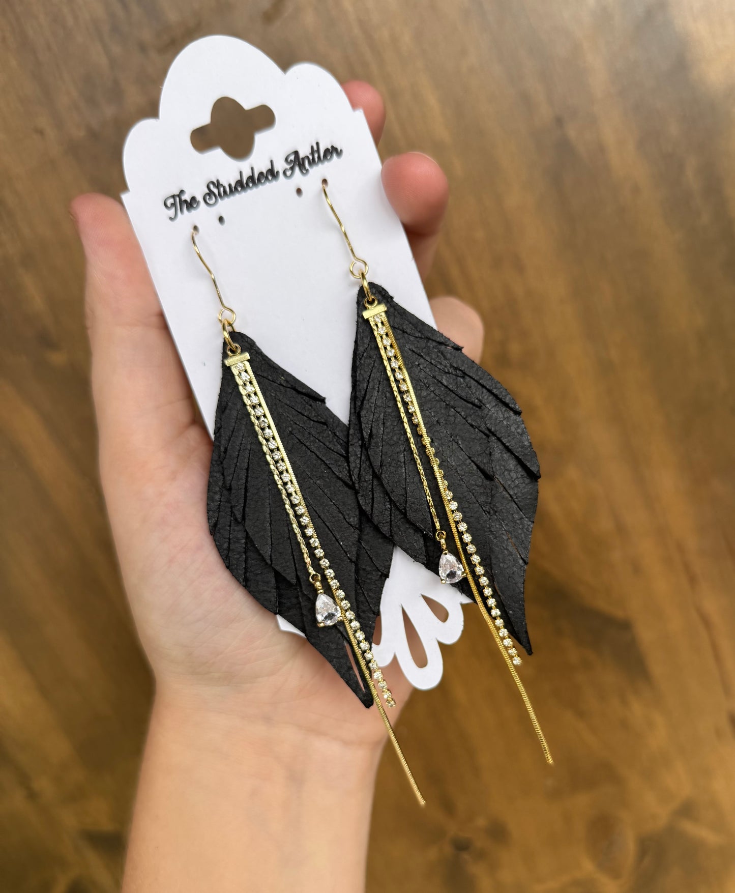 Black leather earrings with gold - Handmade Hypoallergenic Leather Earrings with gold rhinestone tassels