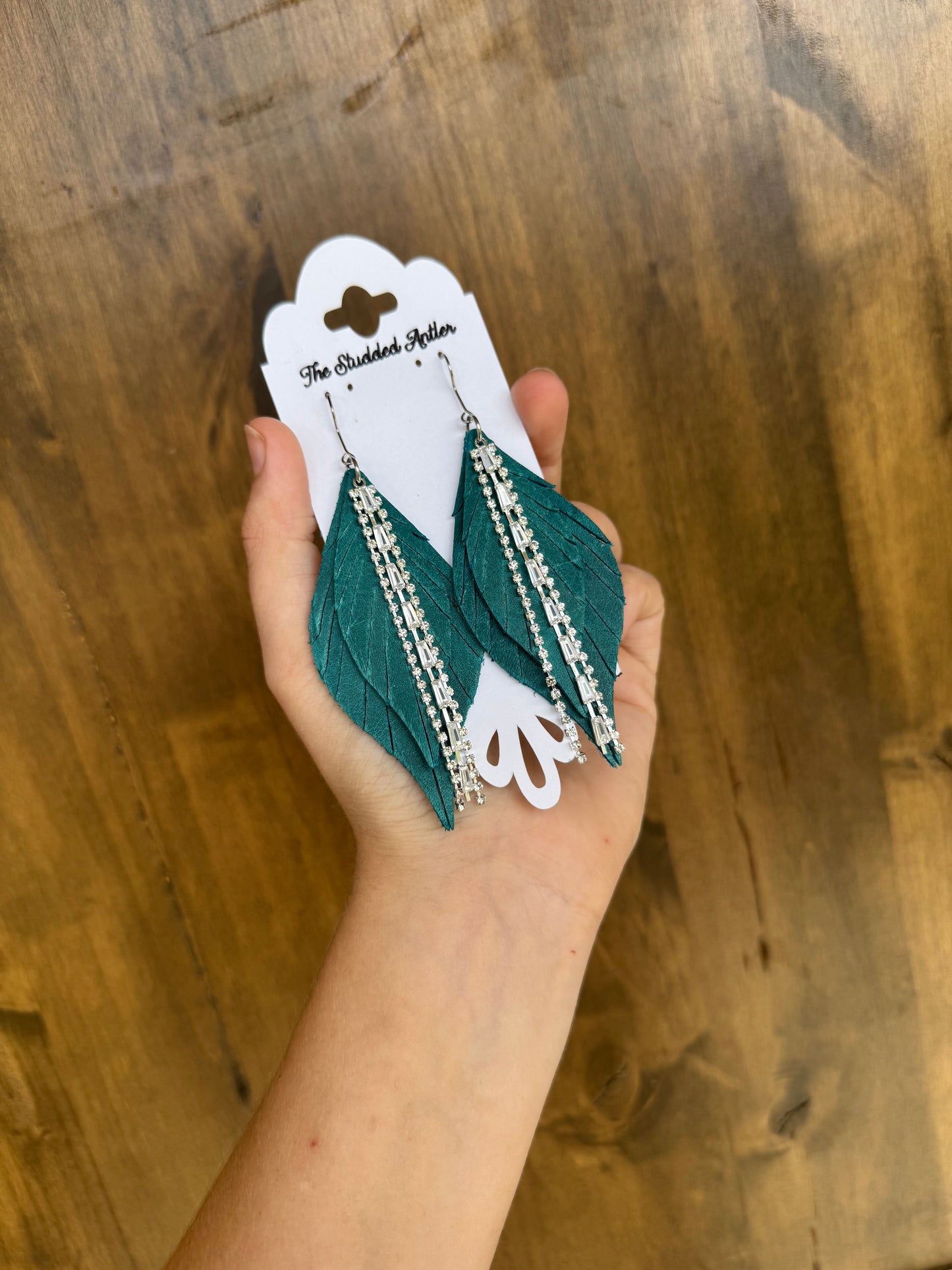 Dark teal blue Handmade Hypoallergenic Fringe feather Leather Earrings with Rhinestone Tassel