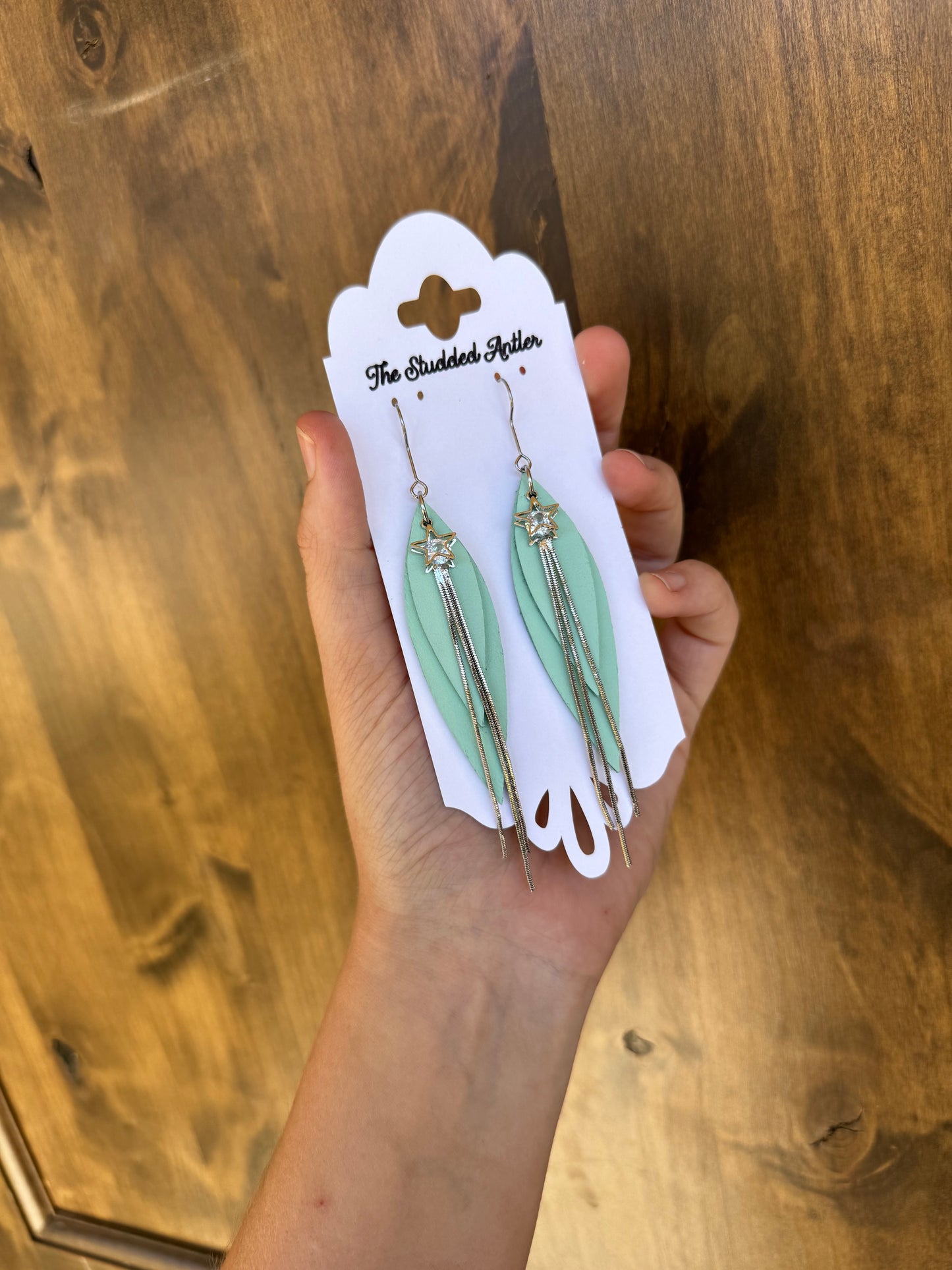 Mint Blue and Silver Star Handmade Hypoallergenic Leather Earrings