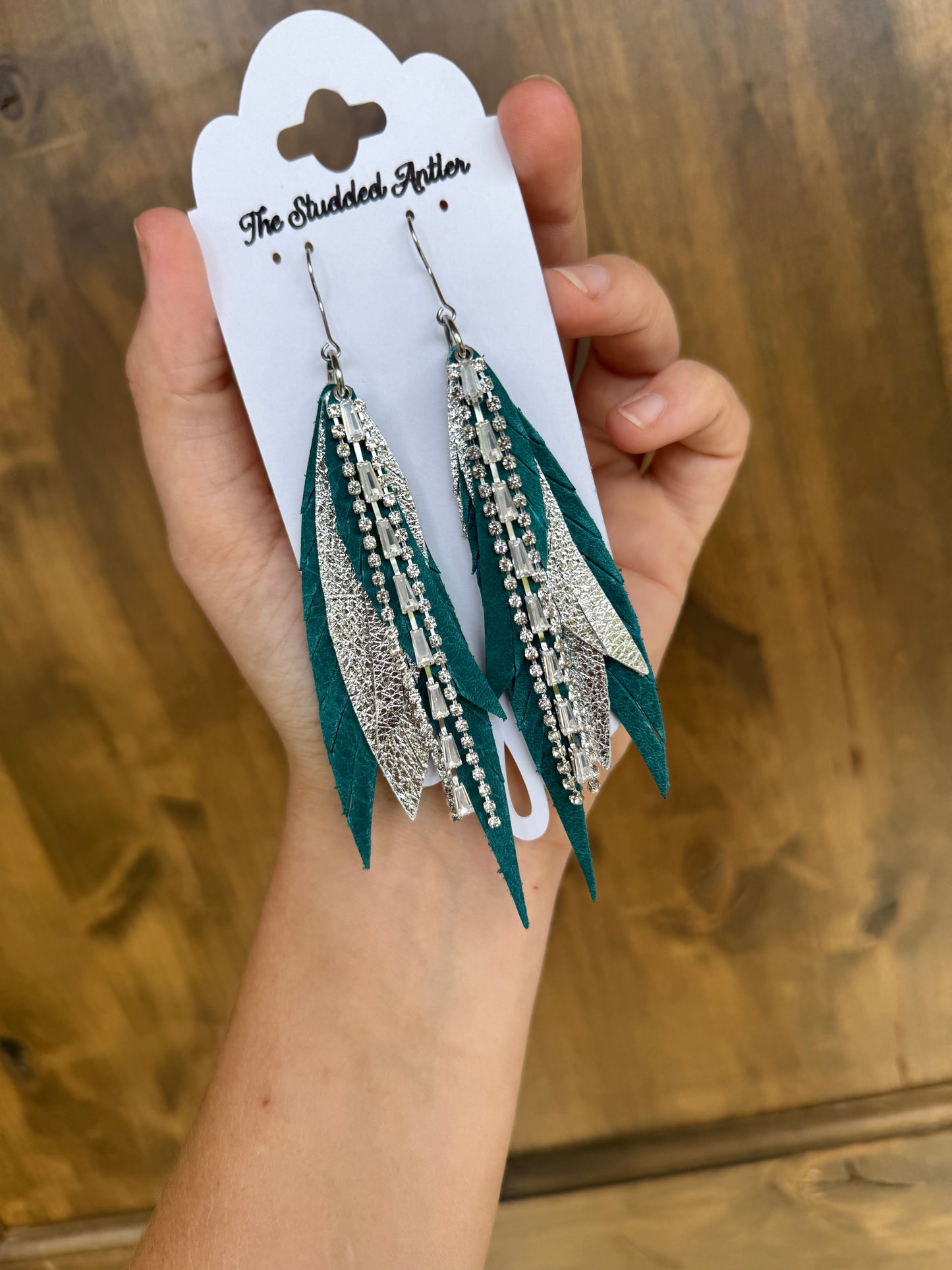Dark Blue Teal and Silver Handmade Hypoallergenic Leather feather Earrings