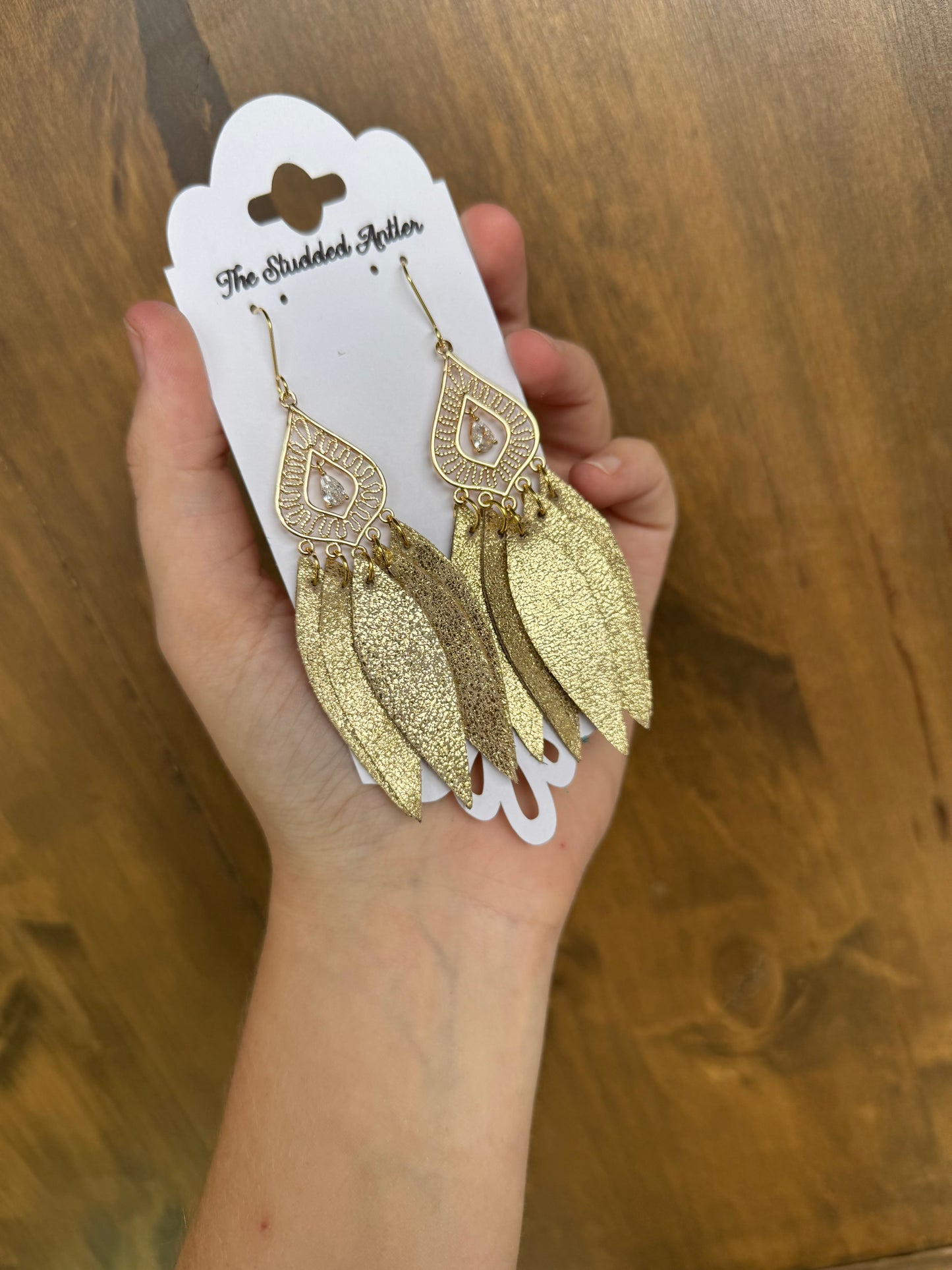 Gold Layered Teardrop Leather Earrings - Handmade Hypoallergenic Leather Earrings - Chandelier Style Earrings