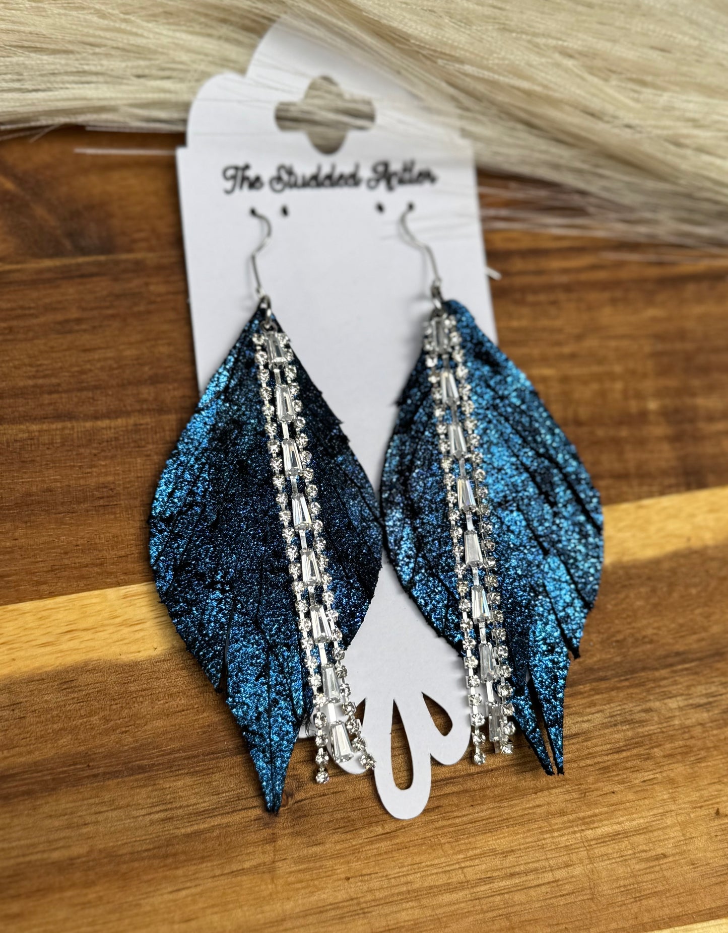 Navy blue shimmer/sparkle leather earrings - Handmade Hypoallergenic Leather Earrings with silver rhinestone tassel