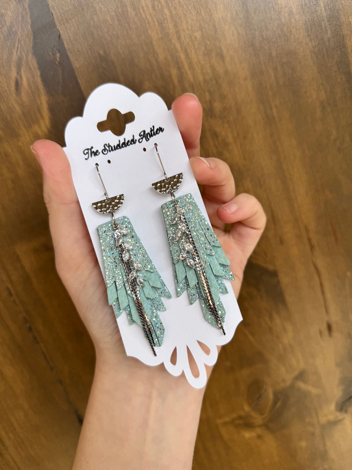 Womens Boho Style Leather Earrings - Fringe Feather Leather Earrings - Mint Blue Sparkle