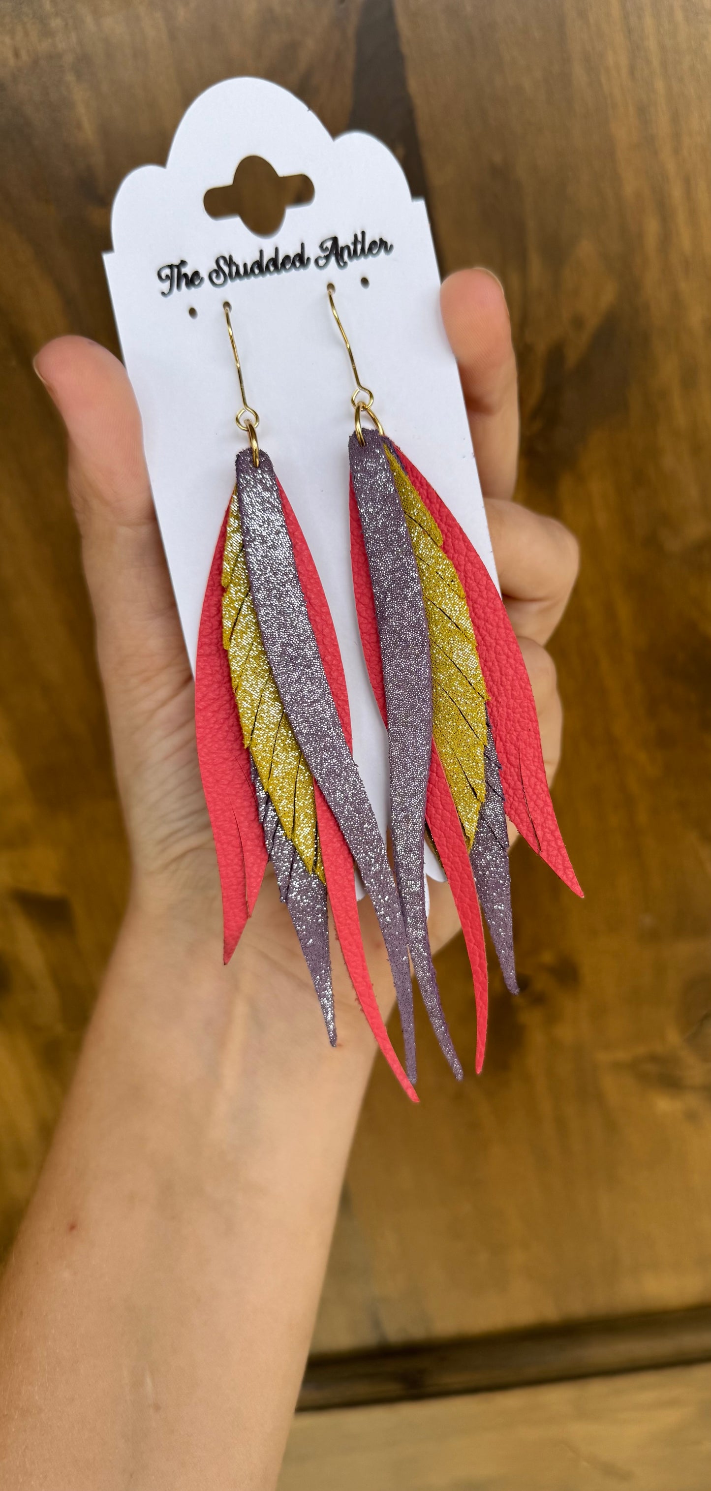 Purple Yellow and Pink Handmade Hypoallergenic Leather feather Earrings