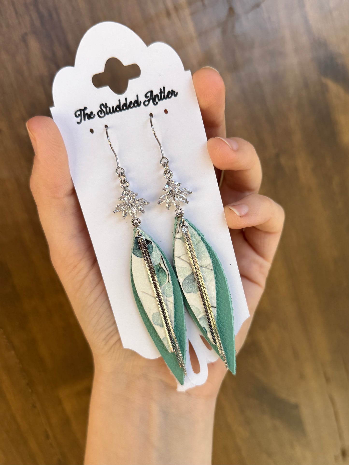 Western Style Leather Earrings - Teardrop Boho Style Leather Earrings - Silver, Blue and White