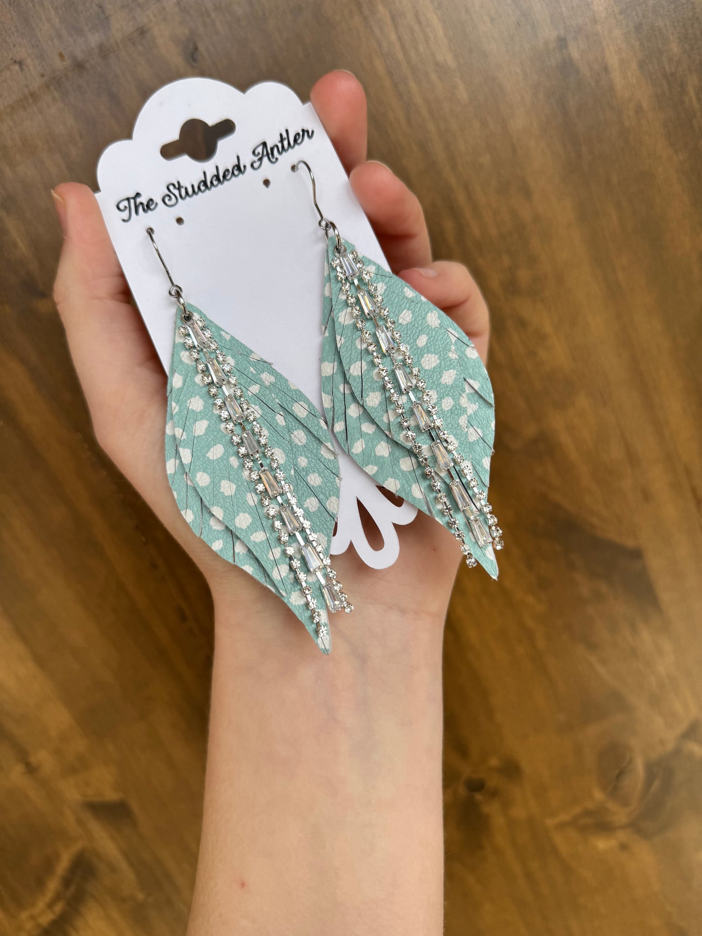 Women’s Western Style Leather Earrings - Fringe Feather Leather Earrings - Mint Blue, White and Silver