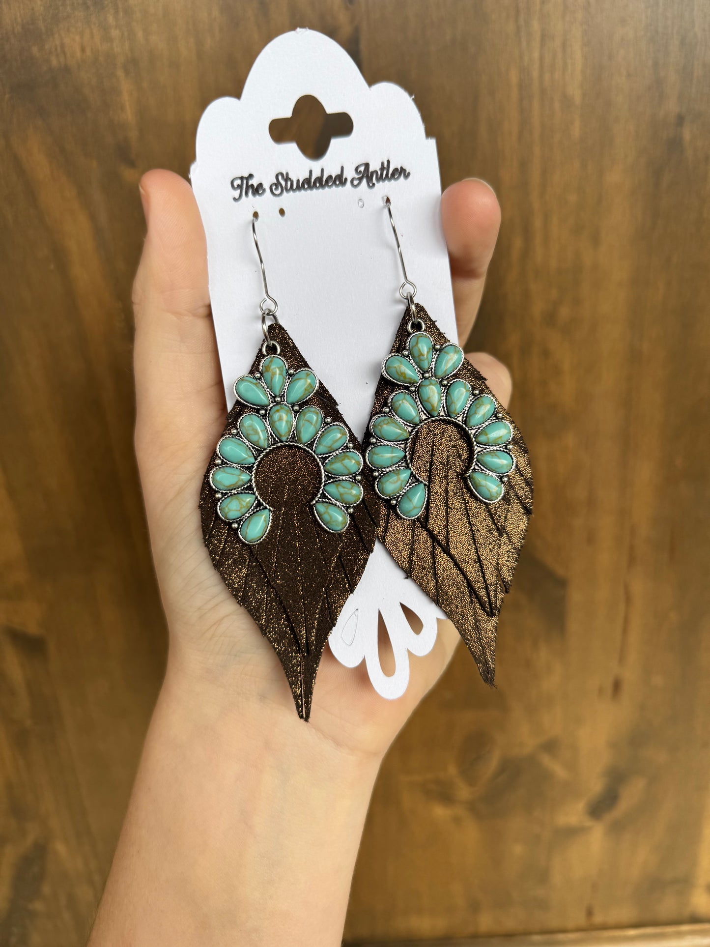 Handmade Brown Hypoallergenic Leather Earrings with Faux Turquoise Charm