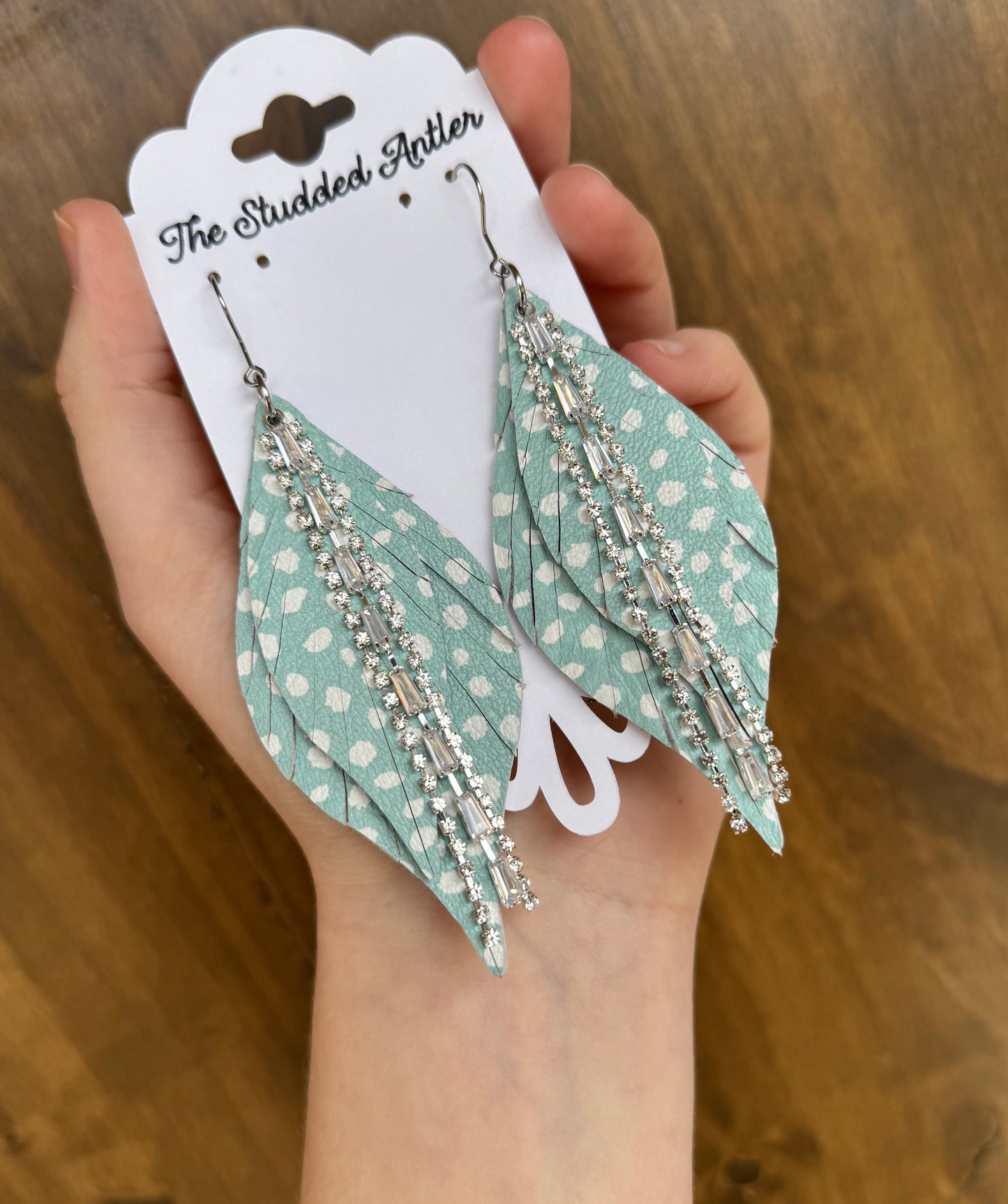 Women’s Western Style Leather Earrings - Fringe Feather Leather Earrings - Mint Blue, White and Silver