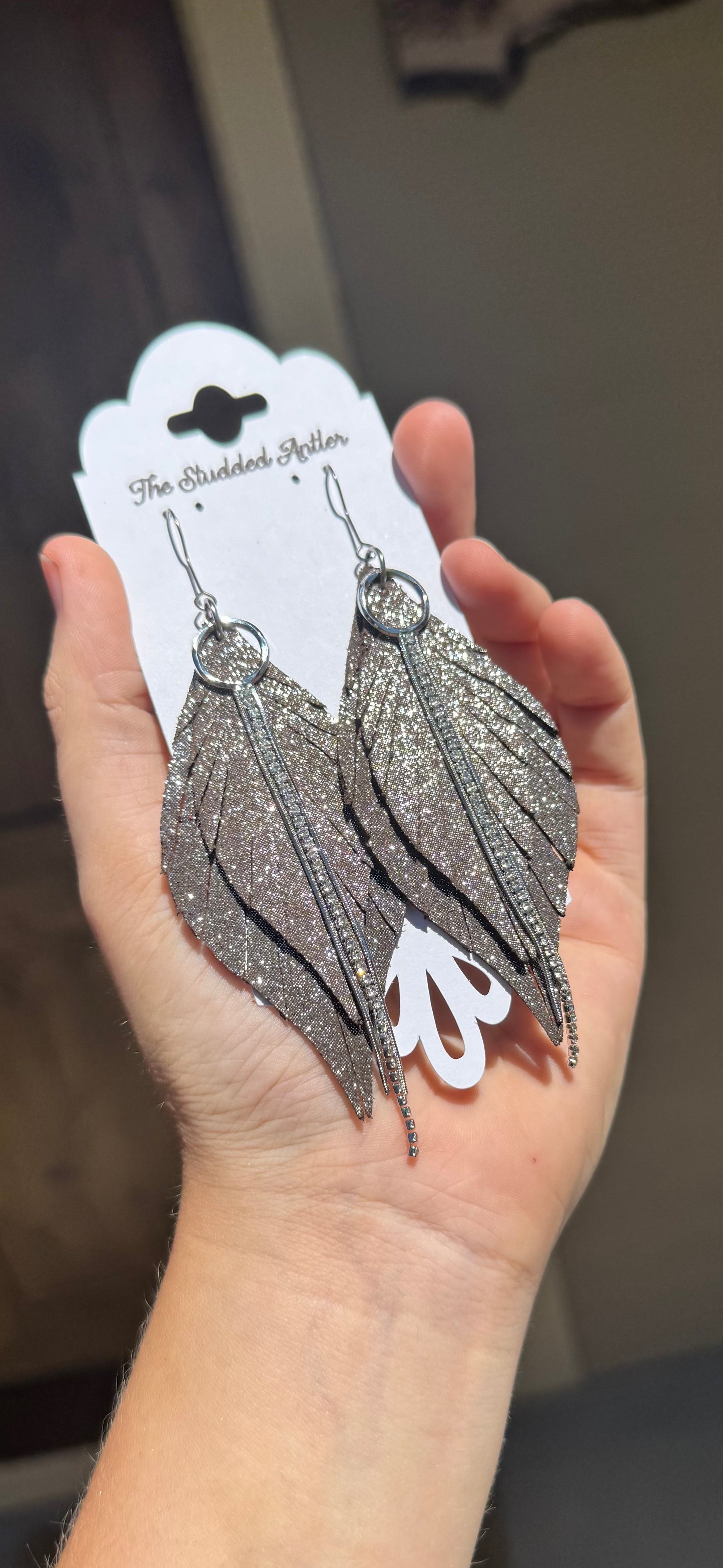 Fringe feather leather earrings - Western Leather Earrings for women - Brown and silver sparkle earrings
