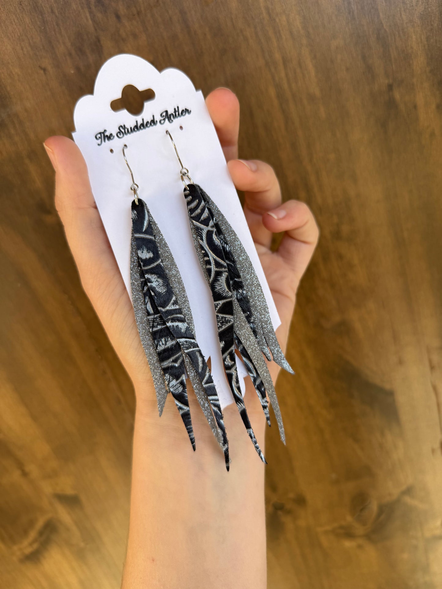 Western Style Leather Earrings - Fringe Feather Leather Earrings - Gray Silver and Black