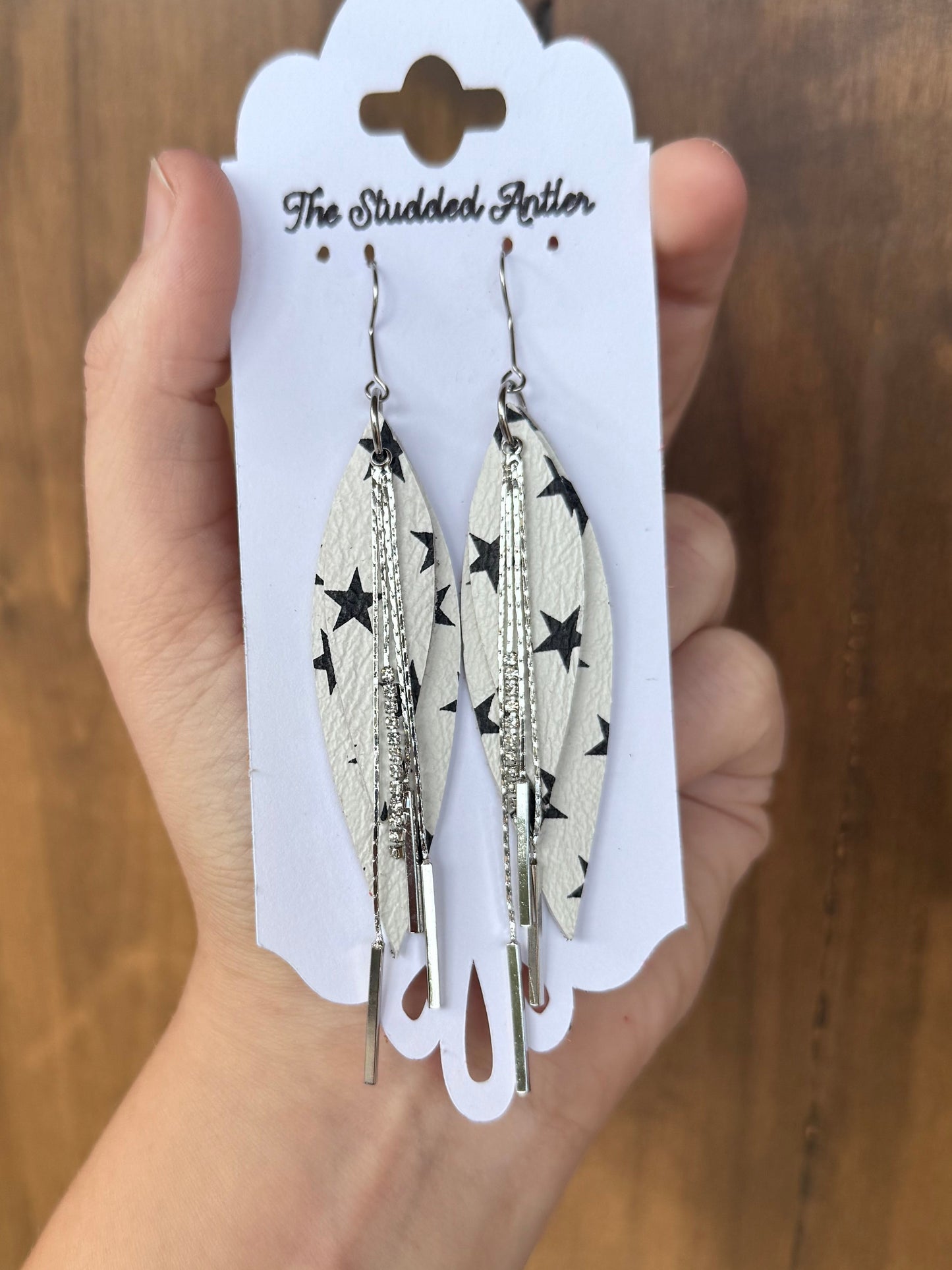 White with Black Stars Handmade Hypoallergenic Leather Earrings with Silver Bar Rhinestone Tassels