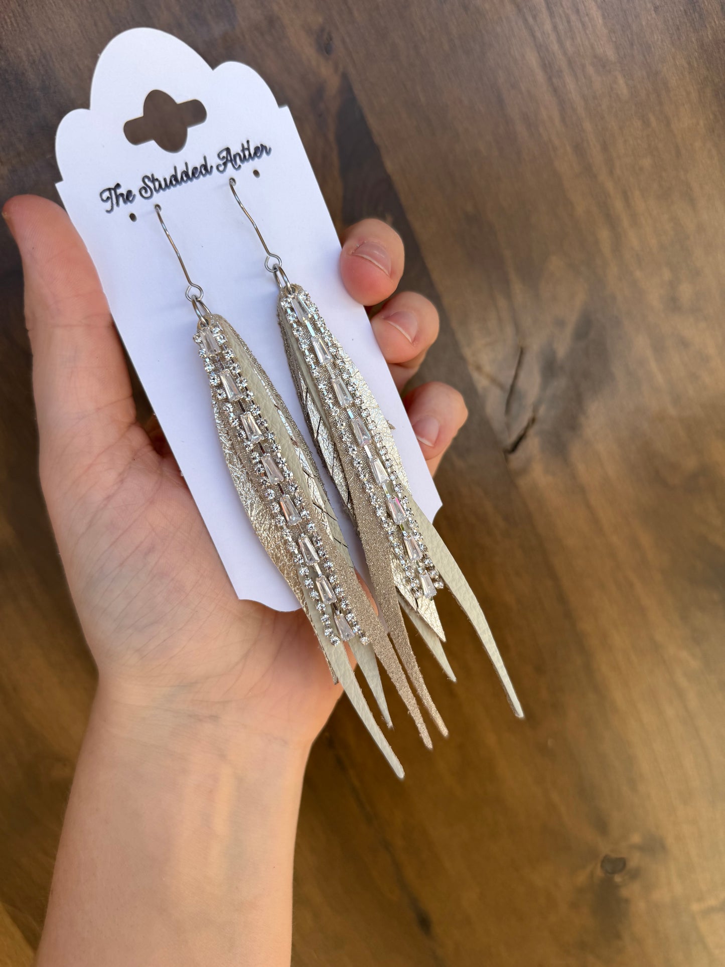 Women’s Western Style Leather Earrings - Fringe Feather Leather Earrings - Champagne Beige Metallic