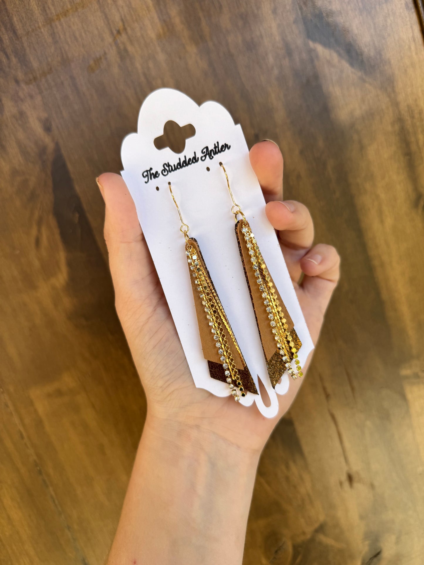 Fringe feather Leather Earrings - Western Boho Style Leather Earrings - Bronze and gold