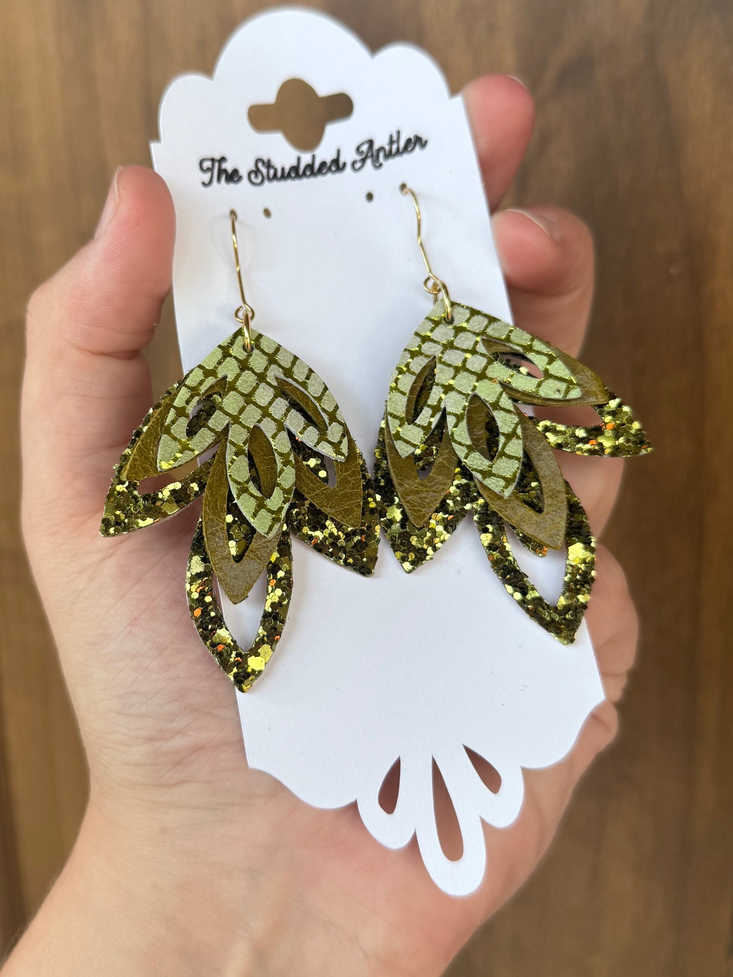 Handmade Hypoallergenic Olive Green Glitter and Metallic Leather Earrings