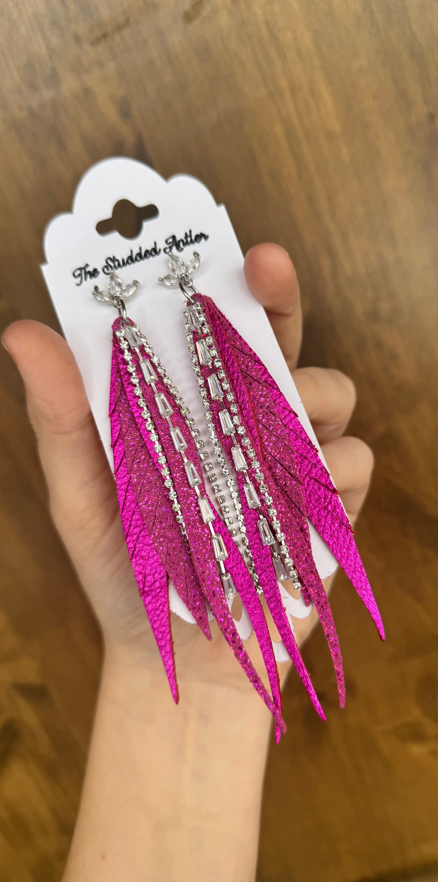 Western Style Leather Earrings - Fringe Feather Leather Earrings - Hot Pink Metallic