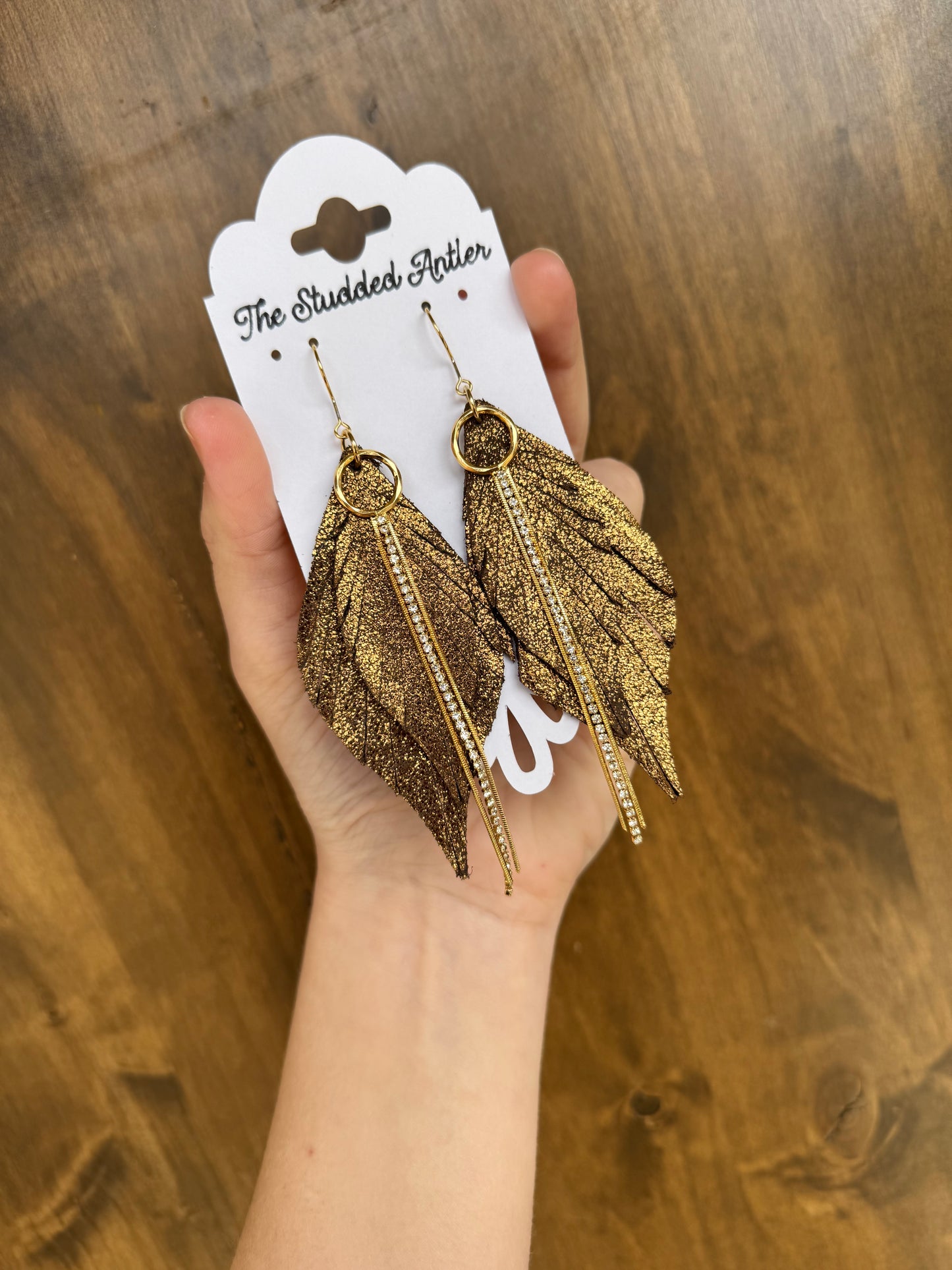 Brown Shimmer Handmade Hypoallergenic Leather feather Earrings with Gold Rhinestone Tassel