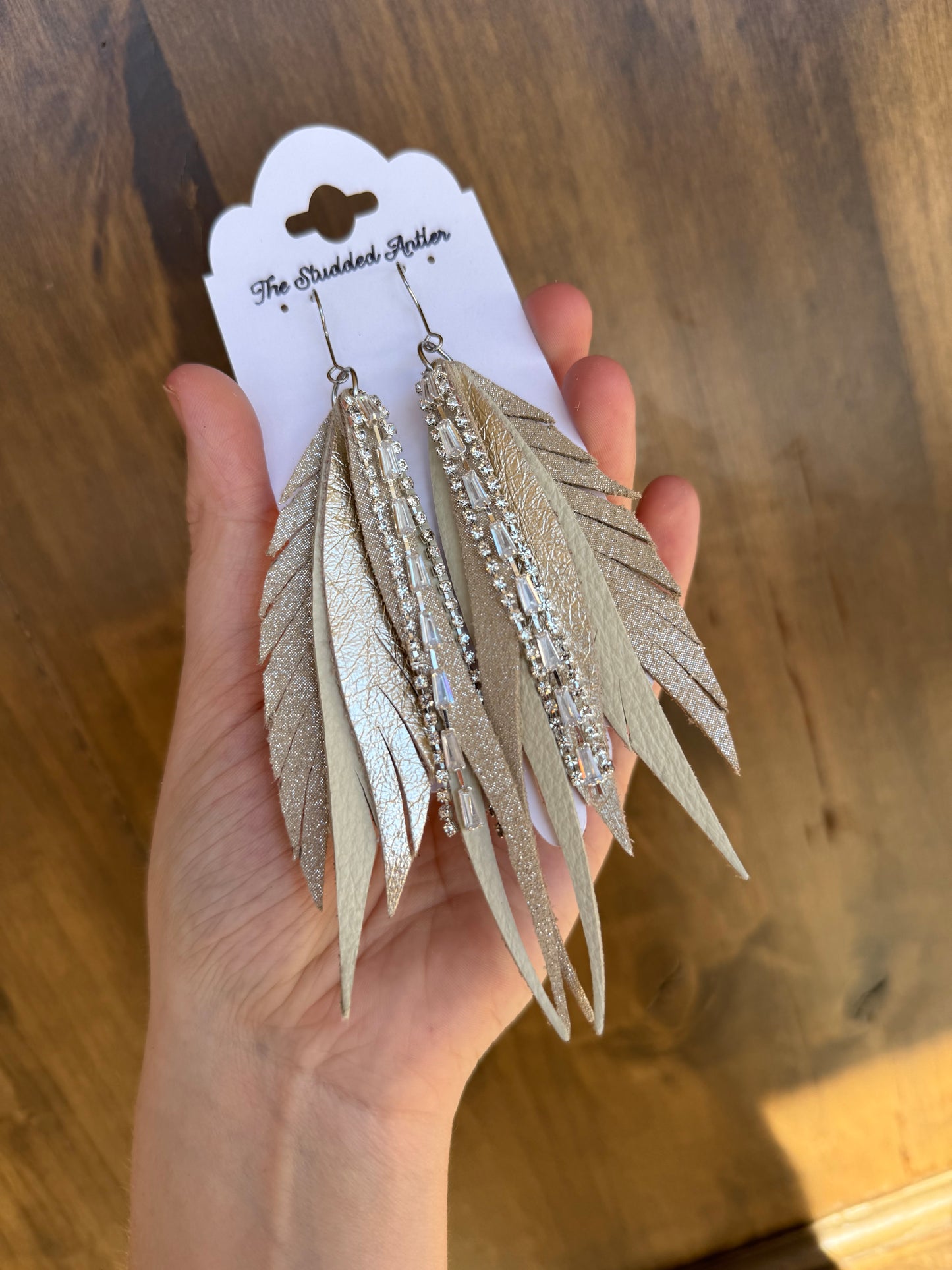 Women’s Western Style Leather Earrings - Fringe Feather Leather Earrings - Champagne Beige Metallic