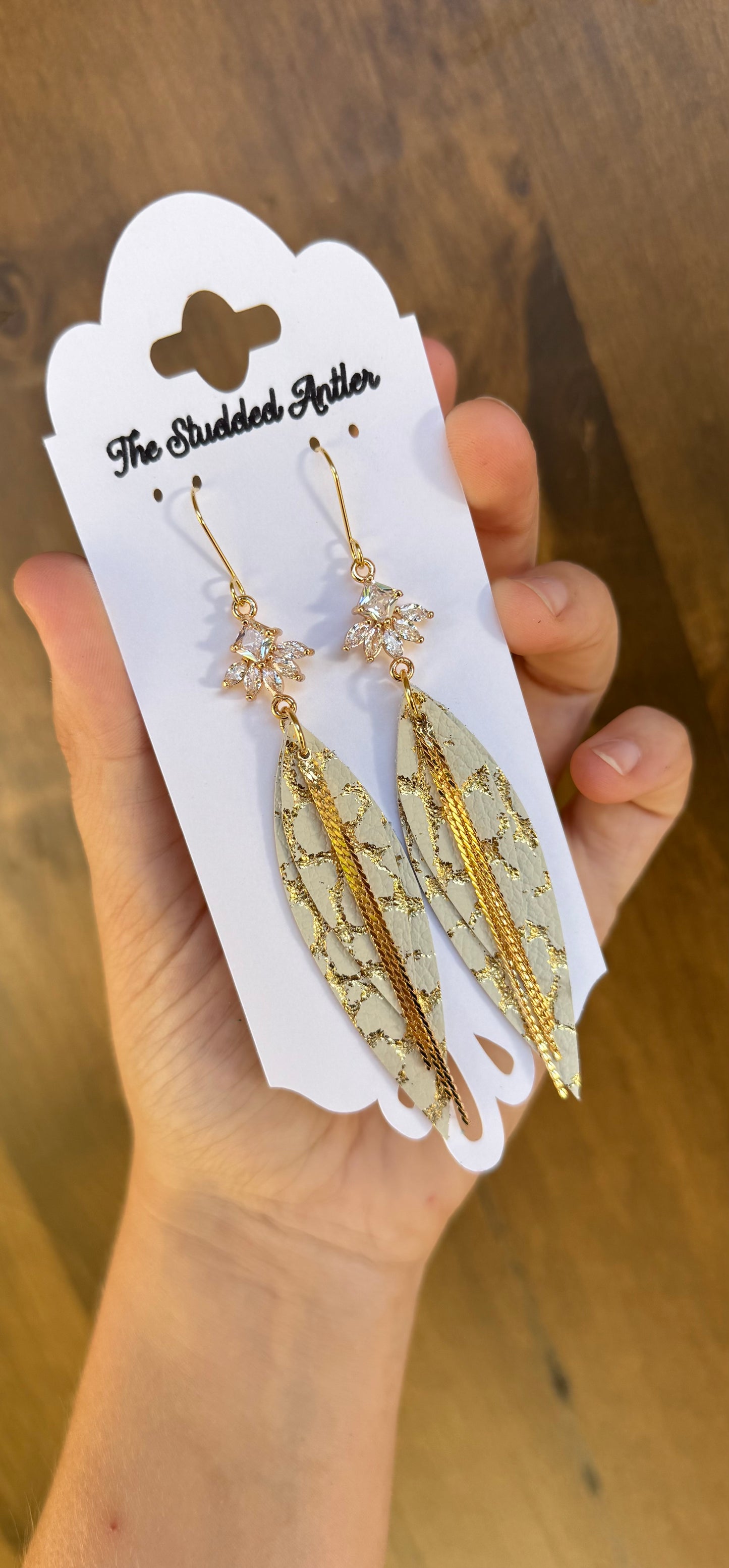 Gold and White Handmade Hypoallergenic Leather Earrings with Rhinestones and gold chain