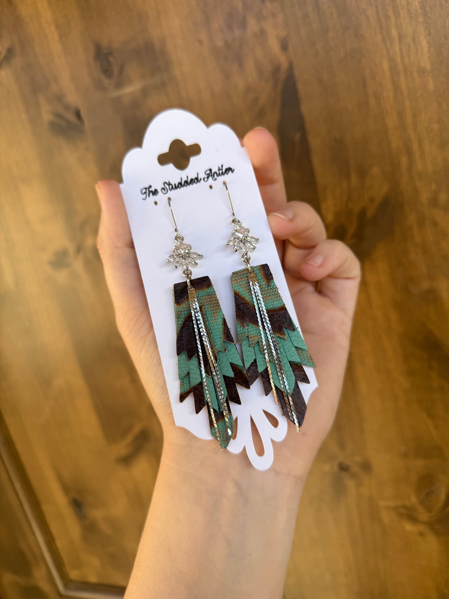Womens western Style Leather Earrings - Teardrop Boho Style Leather Earrings - Silver, Blue and White
