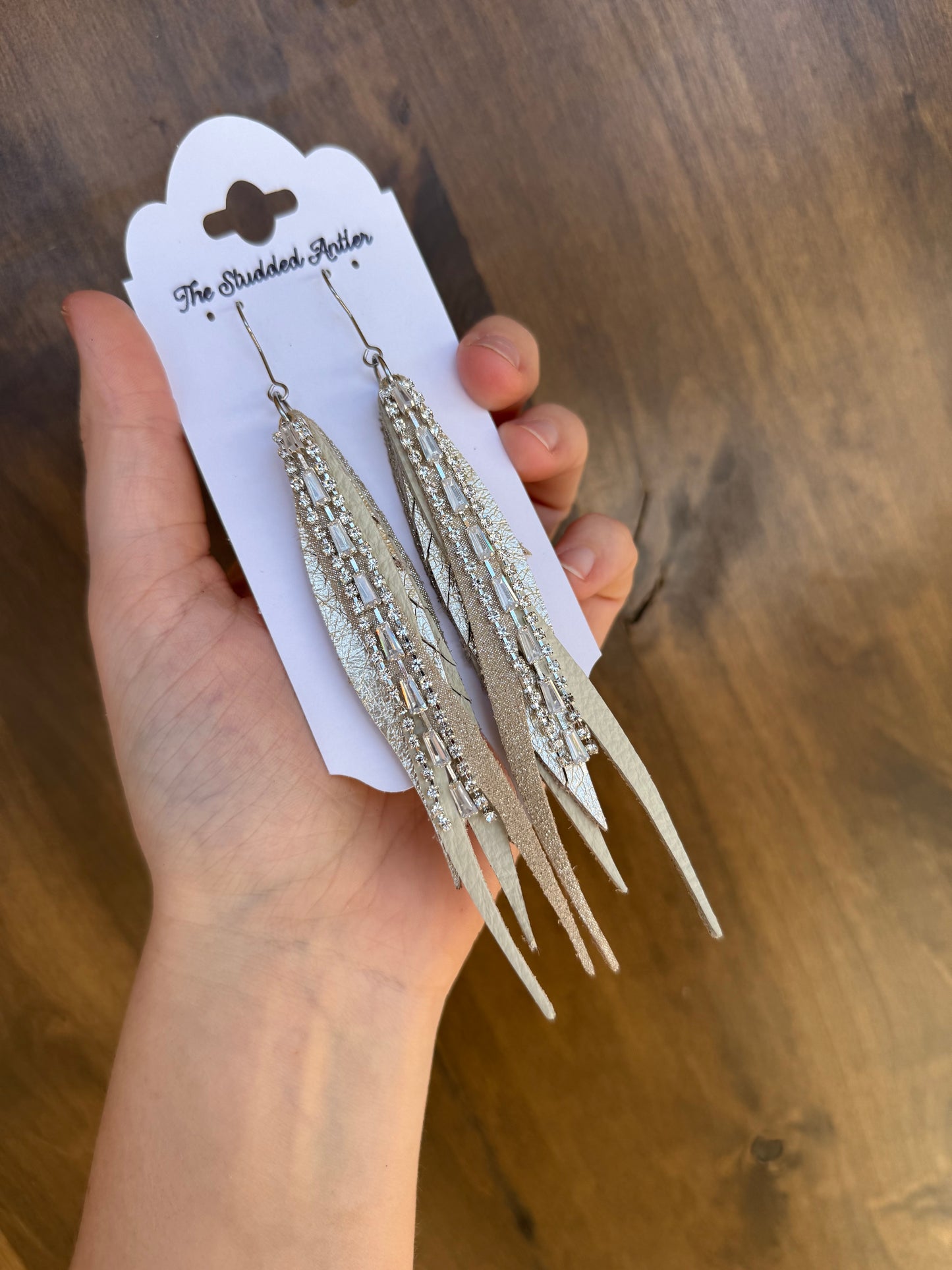Women’s Western Style Leather Earrings - Fringe Feather Leather Earrings - Champagne Beige Metallic