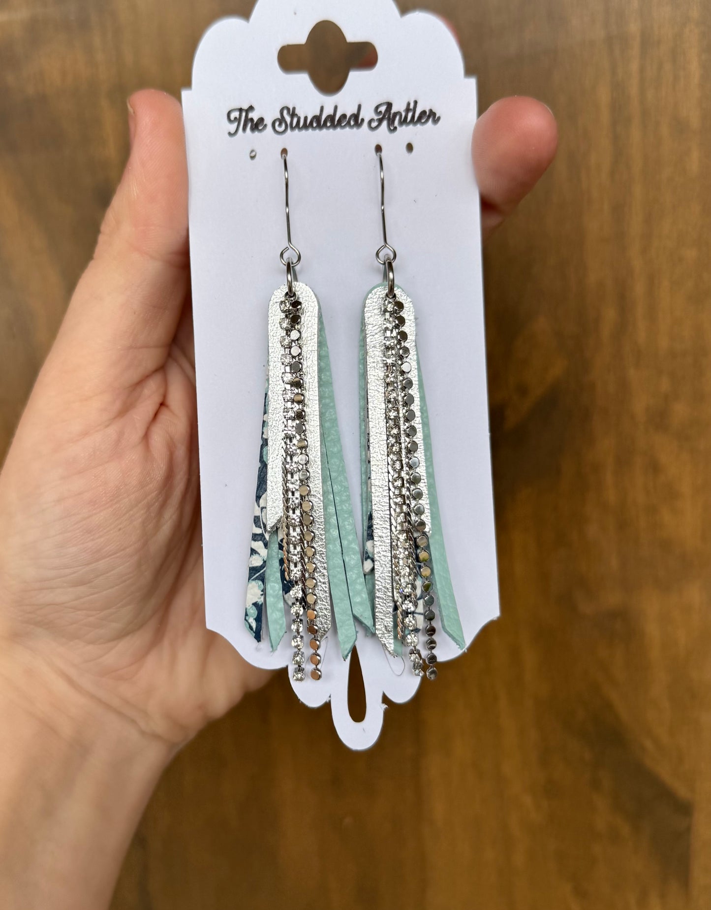 Blue Handmade Hypoallergenic Mini Leather Tassel Earrings with Silver Rhinestones