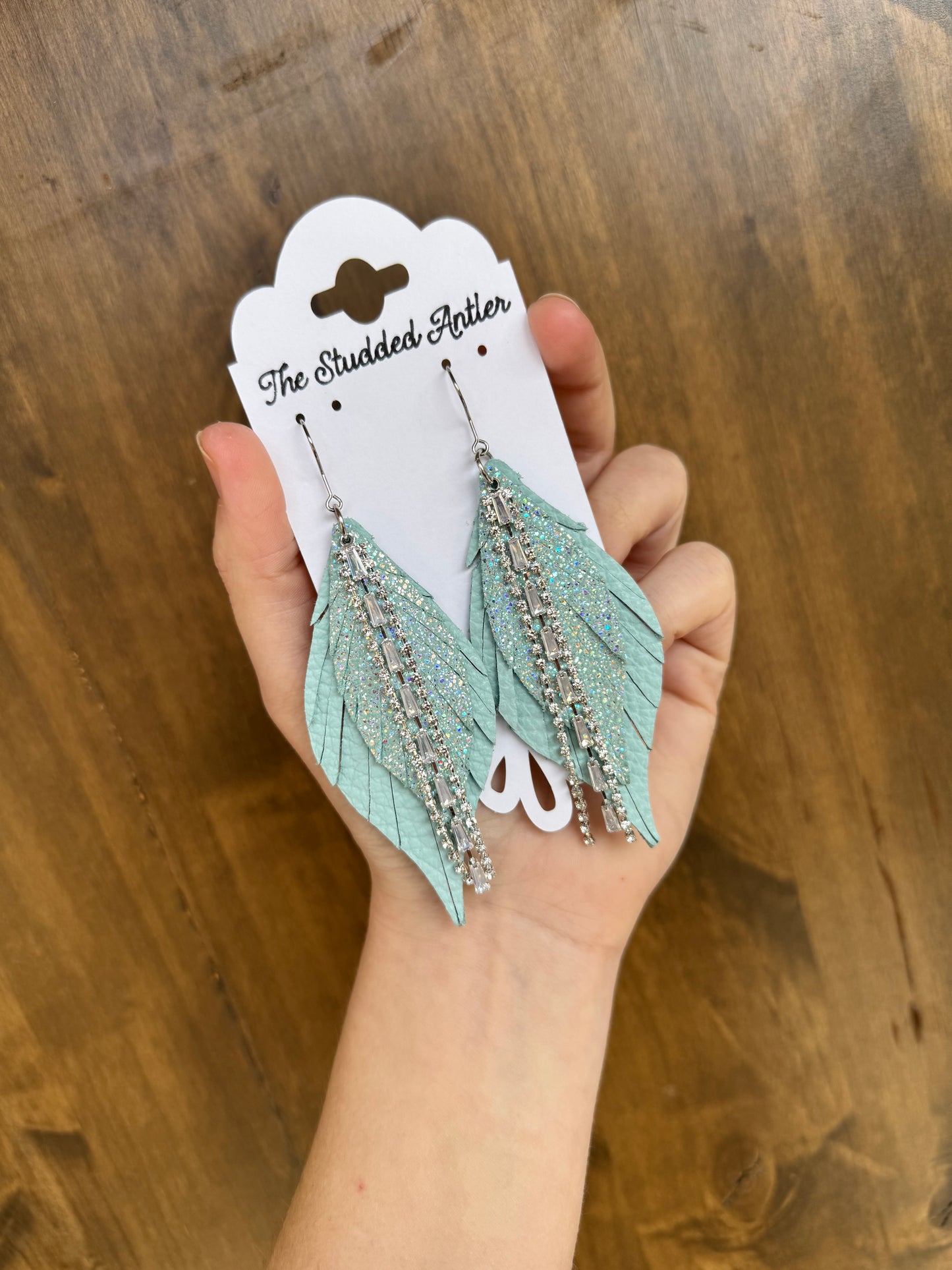 Women’s Western Style Leather Earrings - Fringe Feather Leather Earrings - Mint Blue and Silver