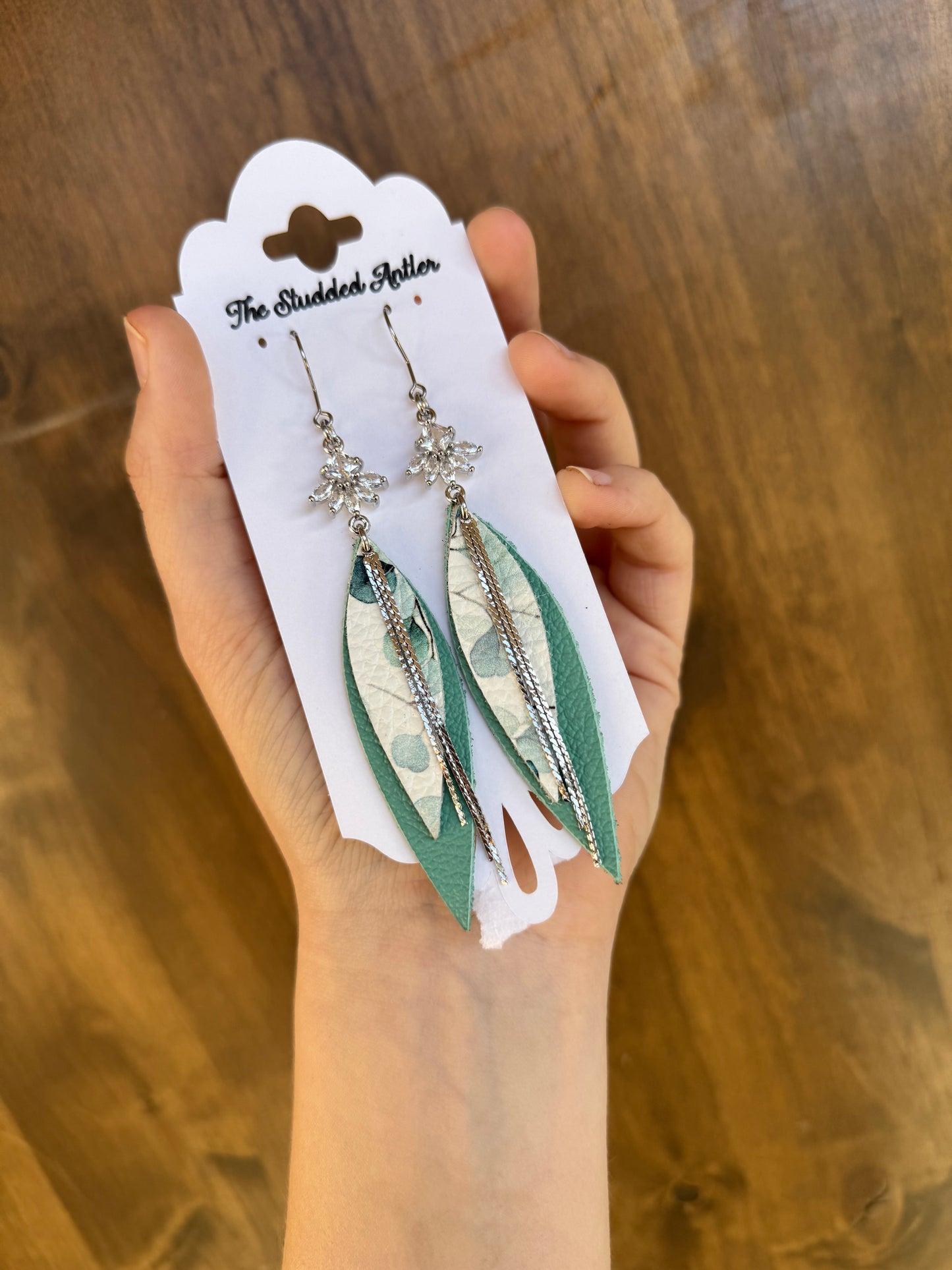 Western Style Leather Earrings - Teardrop Boho Style Leather Earrings - Silver, Blue and White
