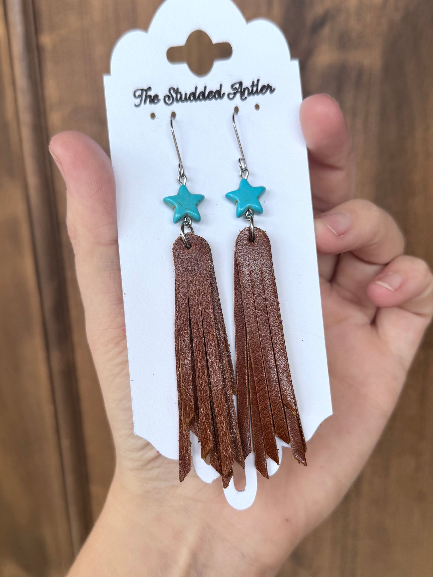 Brown Handmade Hypoallergenic Leather Earrings with Faux Turquoise Beads