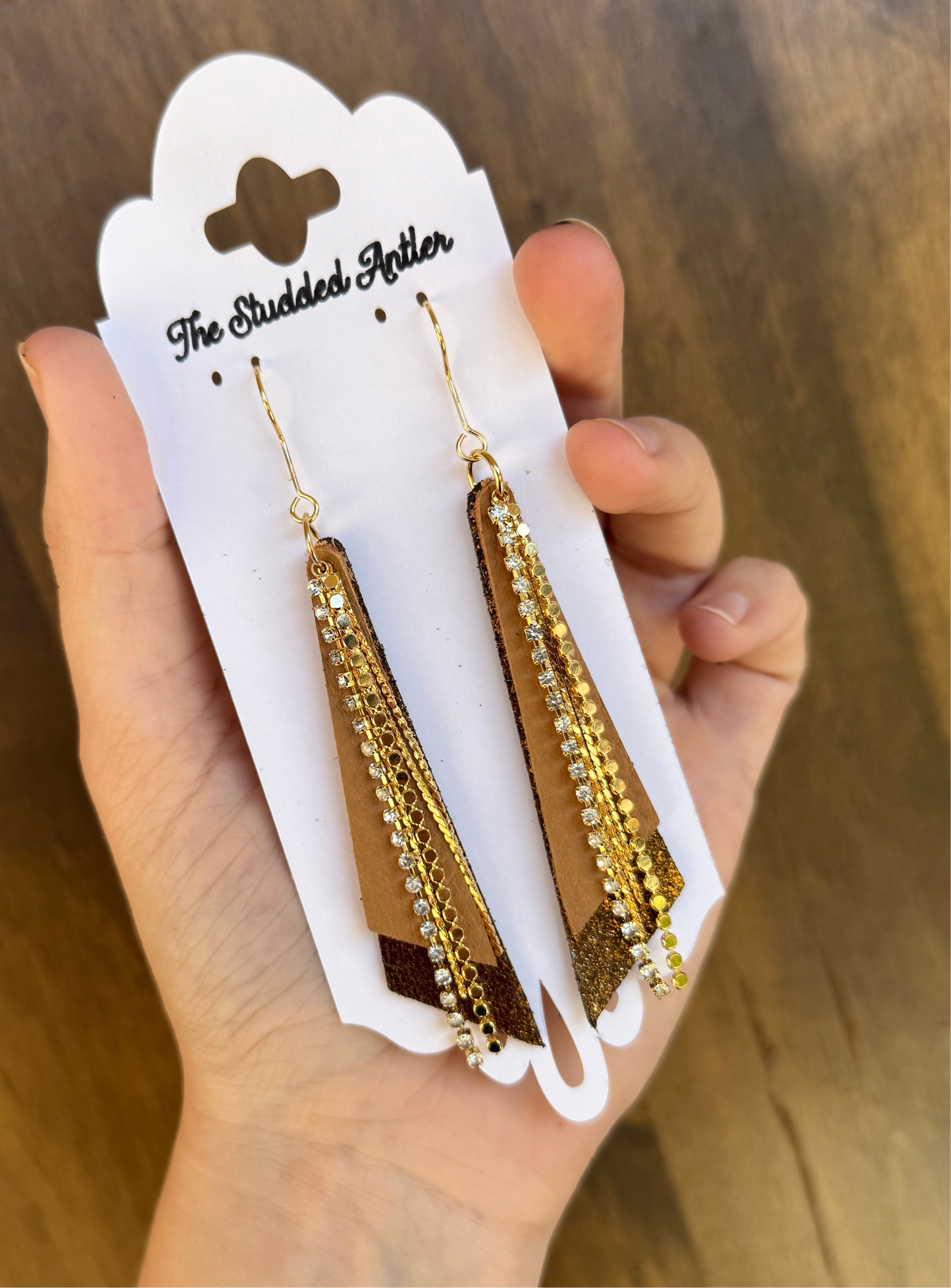Fringe feather Leather Earrings - Western Boho Style Leather Earrings - Bronze and gold