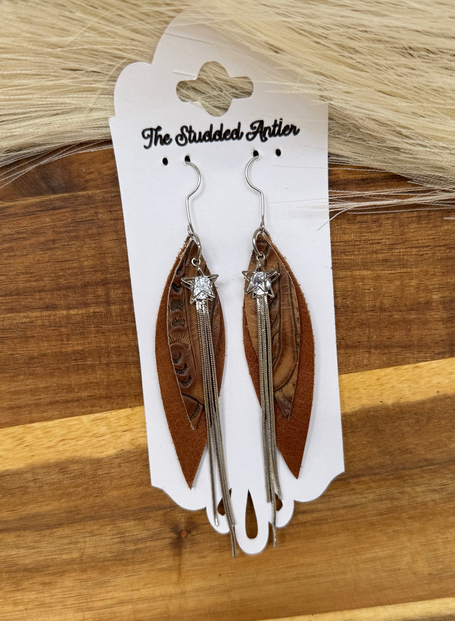 Light Brown Tooled leather with rhinestone silver stars - Handmade Hypoallergenic Leather Earrings