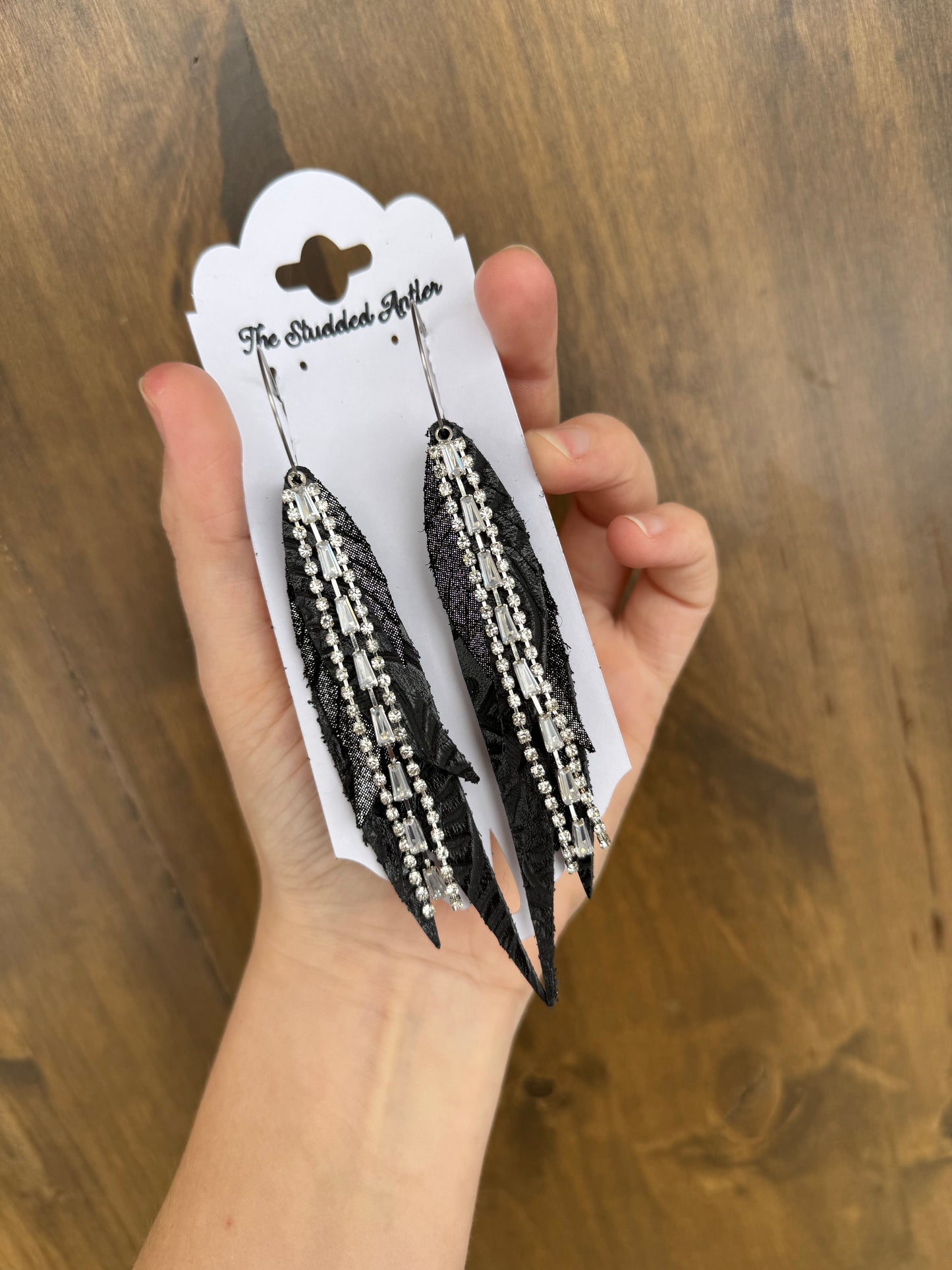 Western Style Leather Earrings - Fringe Feather Leather Earrings - Black and Silver