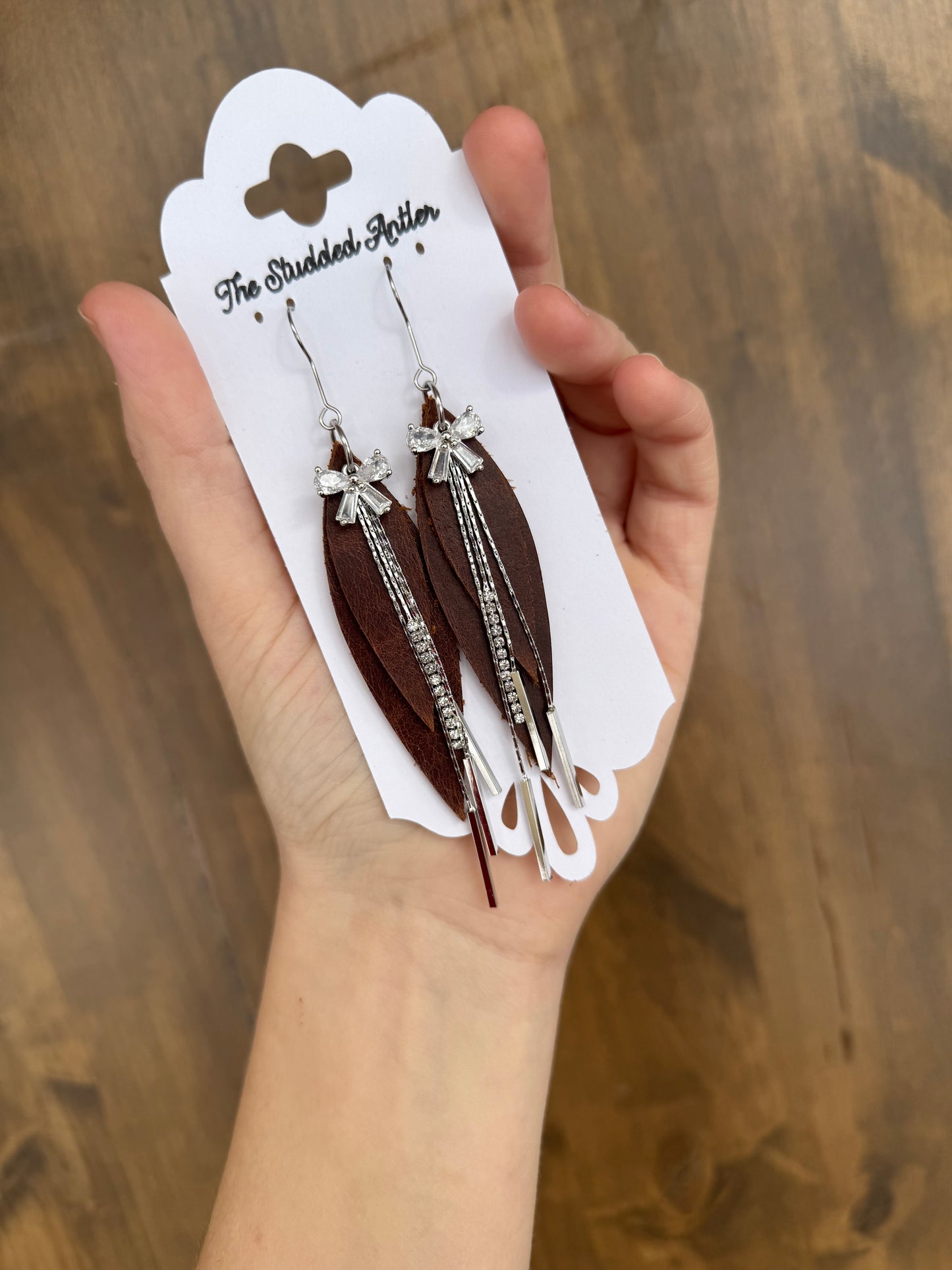 Western style bling leather earrings - Small Dangle Leather Earrings - Brown and Silver