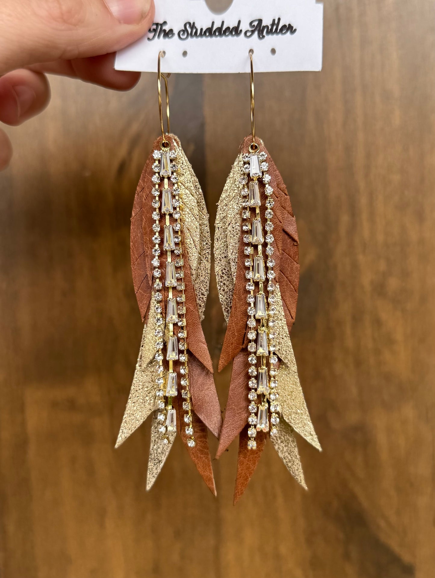Light Brown and Gold Handmade Hypoallergenic Leather Earrings with Gold Rhinestone Tassels
