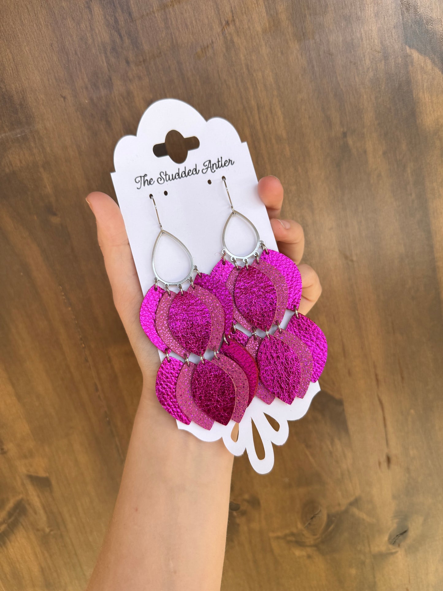 Big Statement leather earrings - Western style Hoop Leather Earrings - Hot Pink Metallic