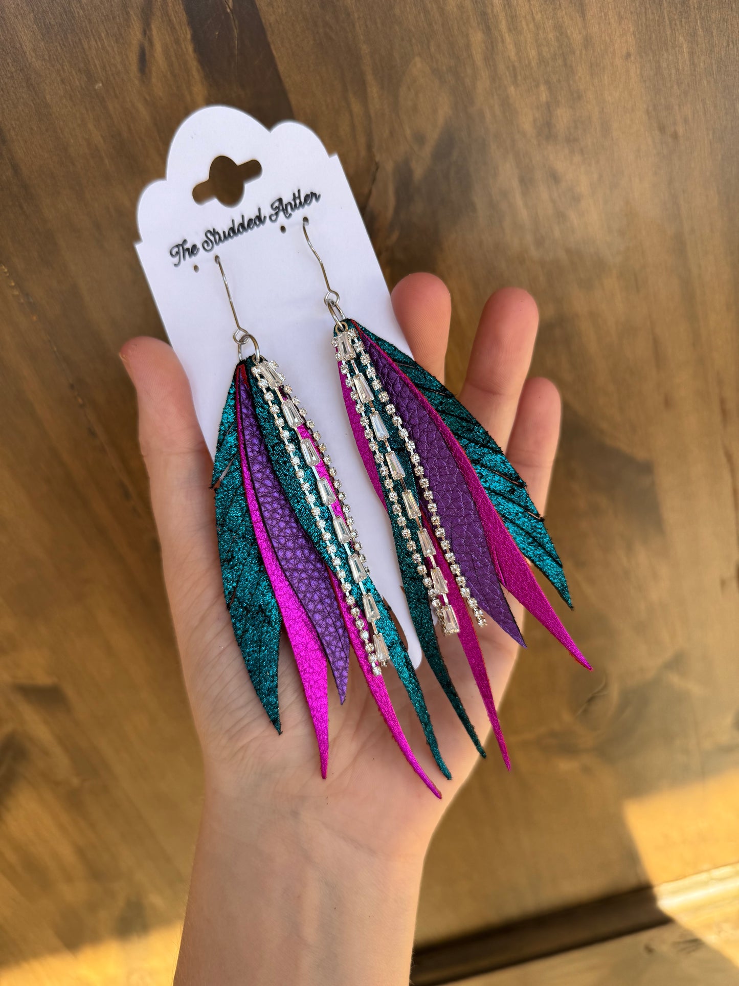 Boho style leather earrings - Fringe Feather Leather Earrings - Hot Pink, Teal and Purple