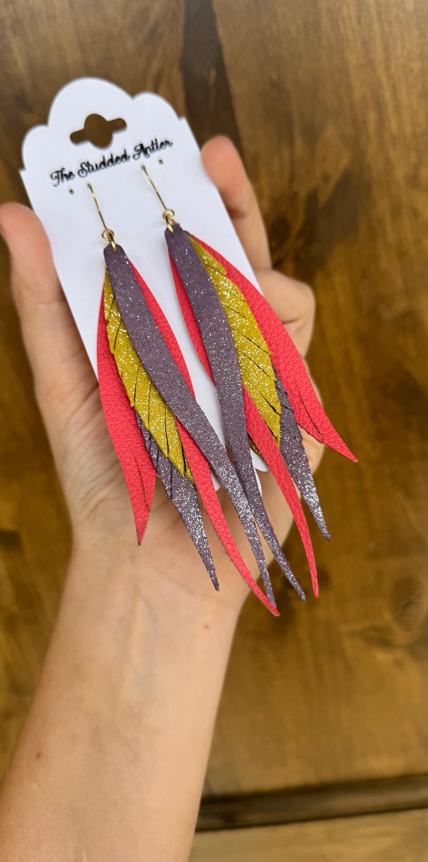 Purple Yellow and Pink Handmade Hypoallergenic Leather feather Earrings