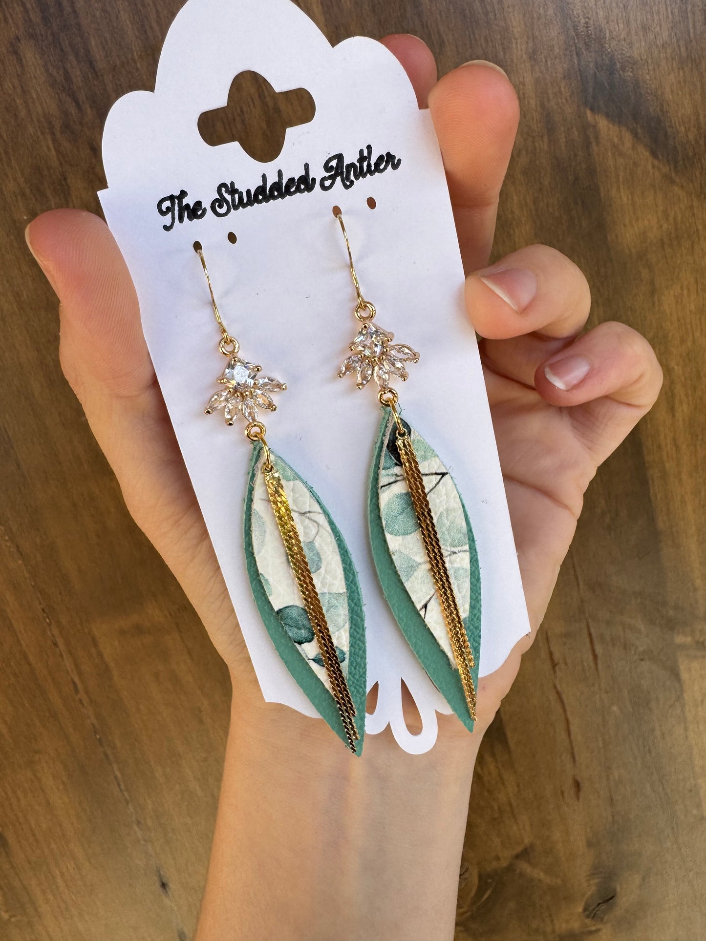 Western Style Leather Earrings - Teardrop Dangle Leather Earrings - Gold and Blue