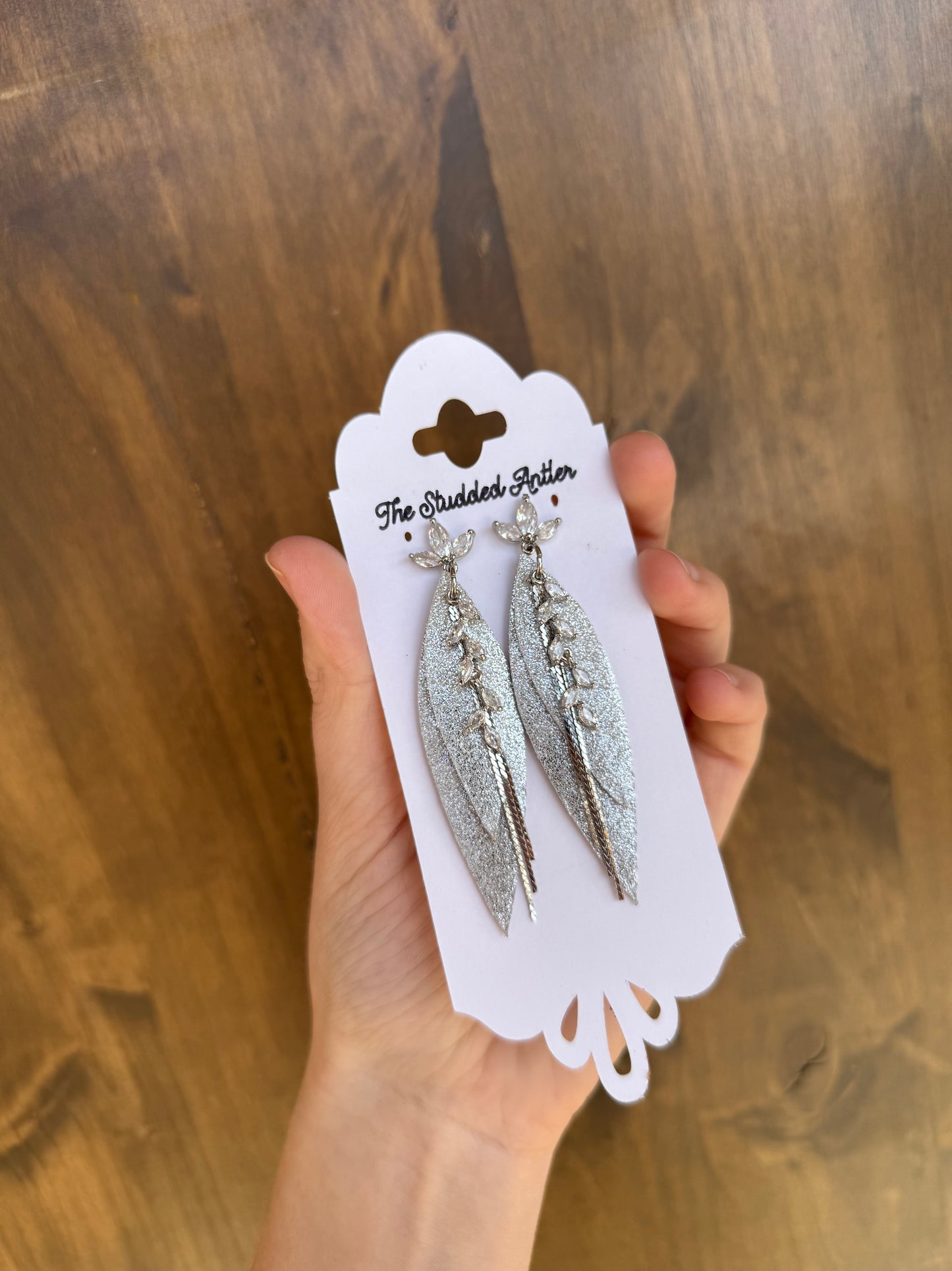 Western Style Leather Earrings - Boho Teardrop Leather Earrings - Silver Sparkle