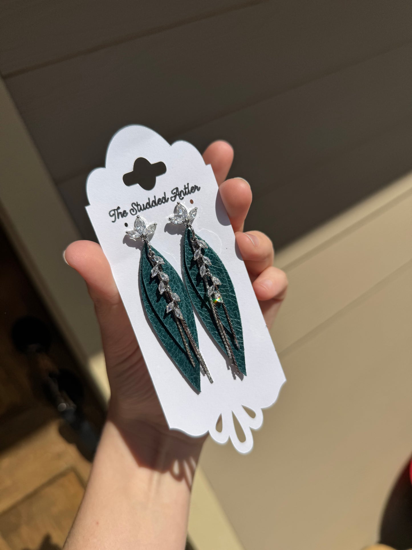 Western Style Leather Earrings - Teardrop Dangle Leather Earrings - Silver and Teal Blue