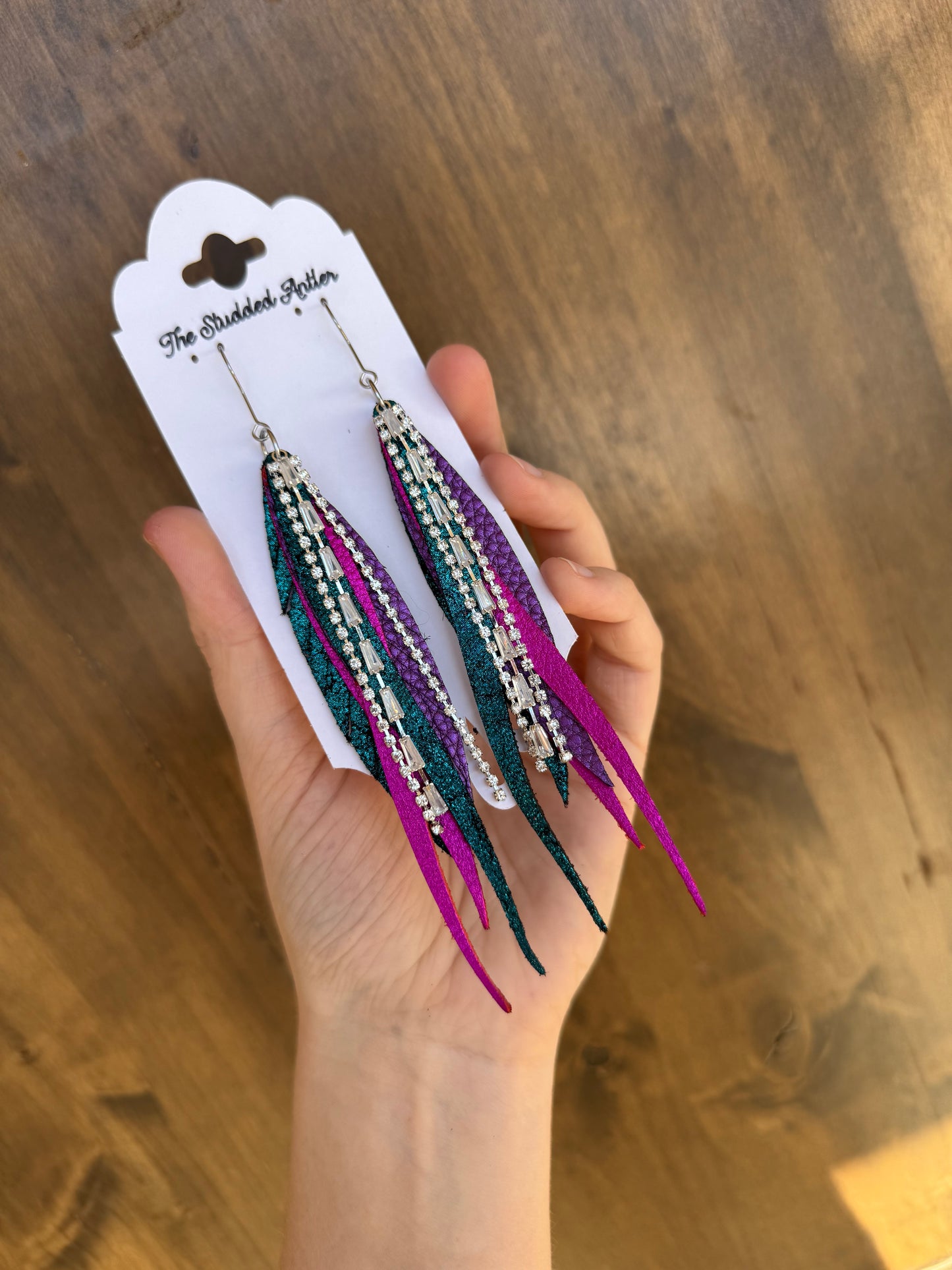 Boho style leather earrings - Fringe Feather Leather Earrings - Hot Pink, Teal and Purple
